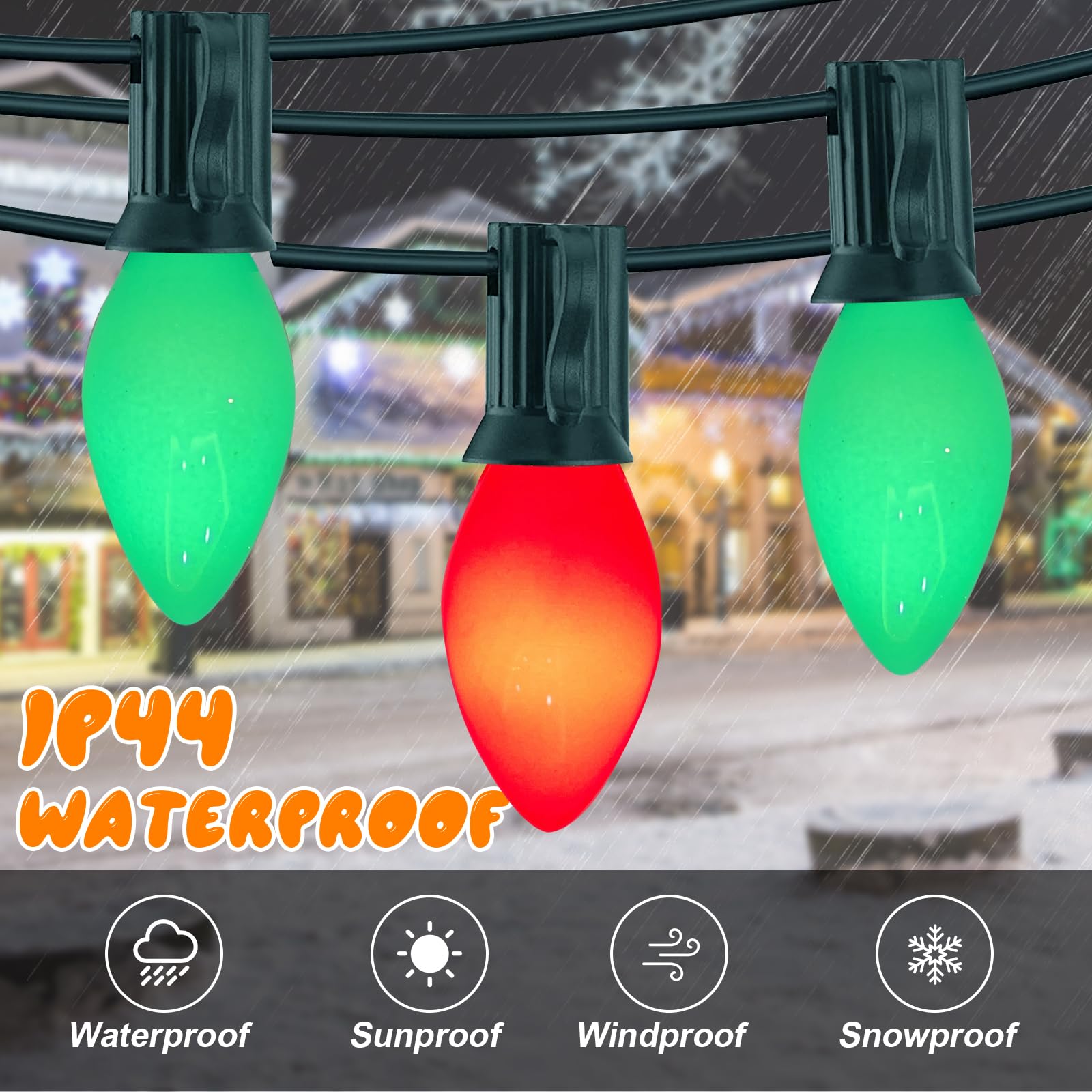 GOOTHY C7 Christmas Lights String - 25Ft Outdoor Decor with 27 Red/Green Ceramic Bulbs, Vintage Hanging Lights, Model ULP(7)-LR(25)(5W)
