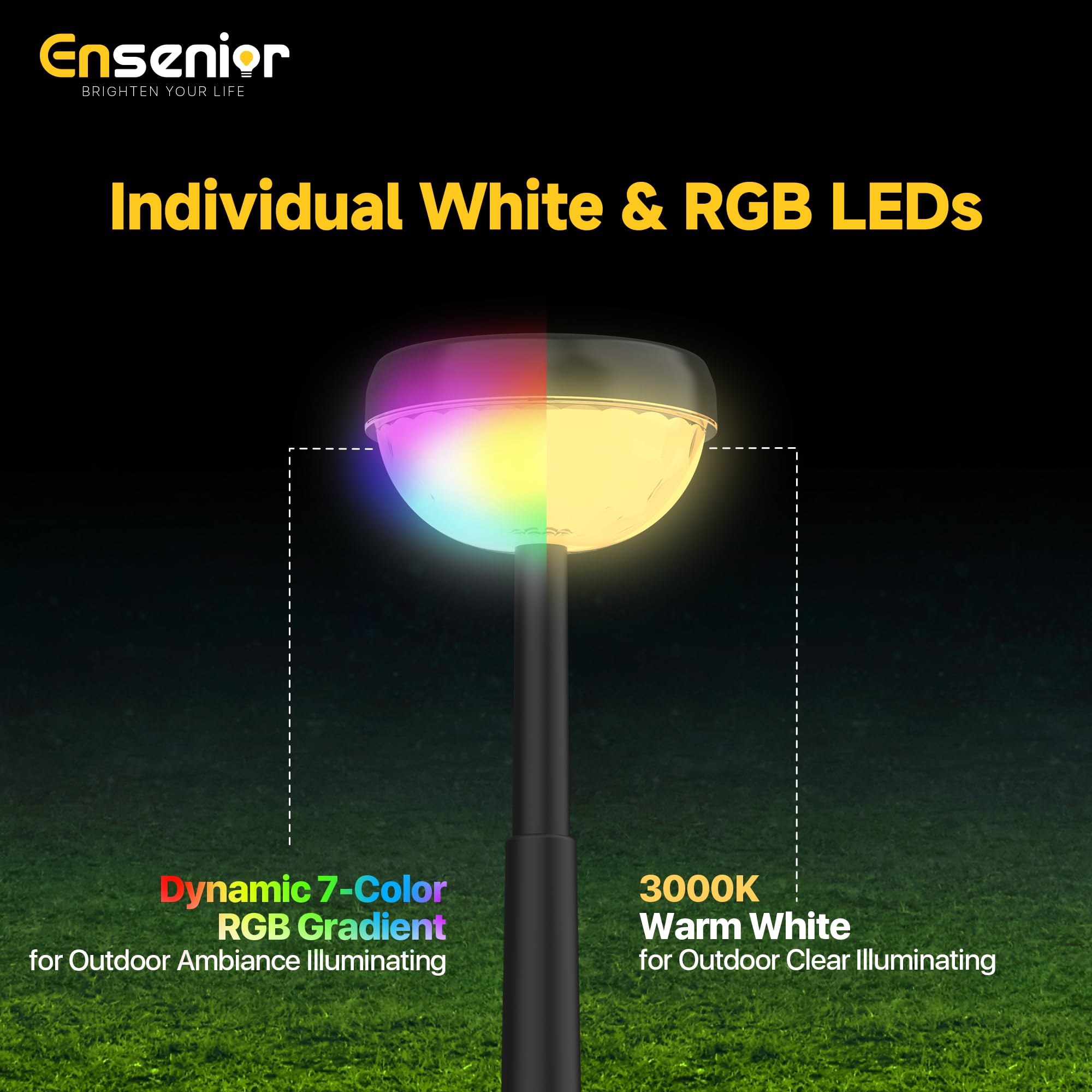 Ensenior Color Changing Solar Lights Outdoor, Auto ON/Off 3000K White Light & RGB LED Solar Garden Lights for Pathway, Yard, Pat