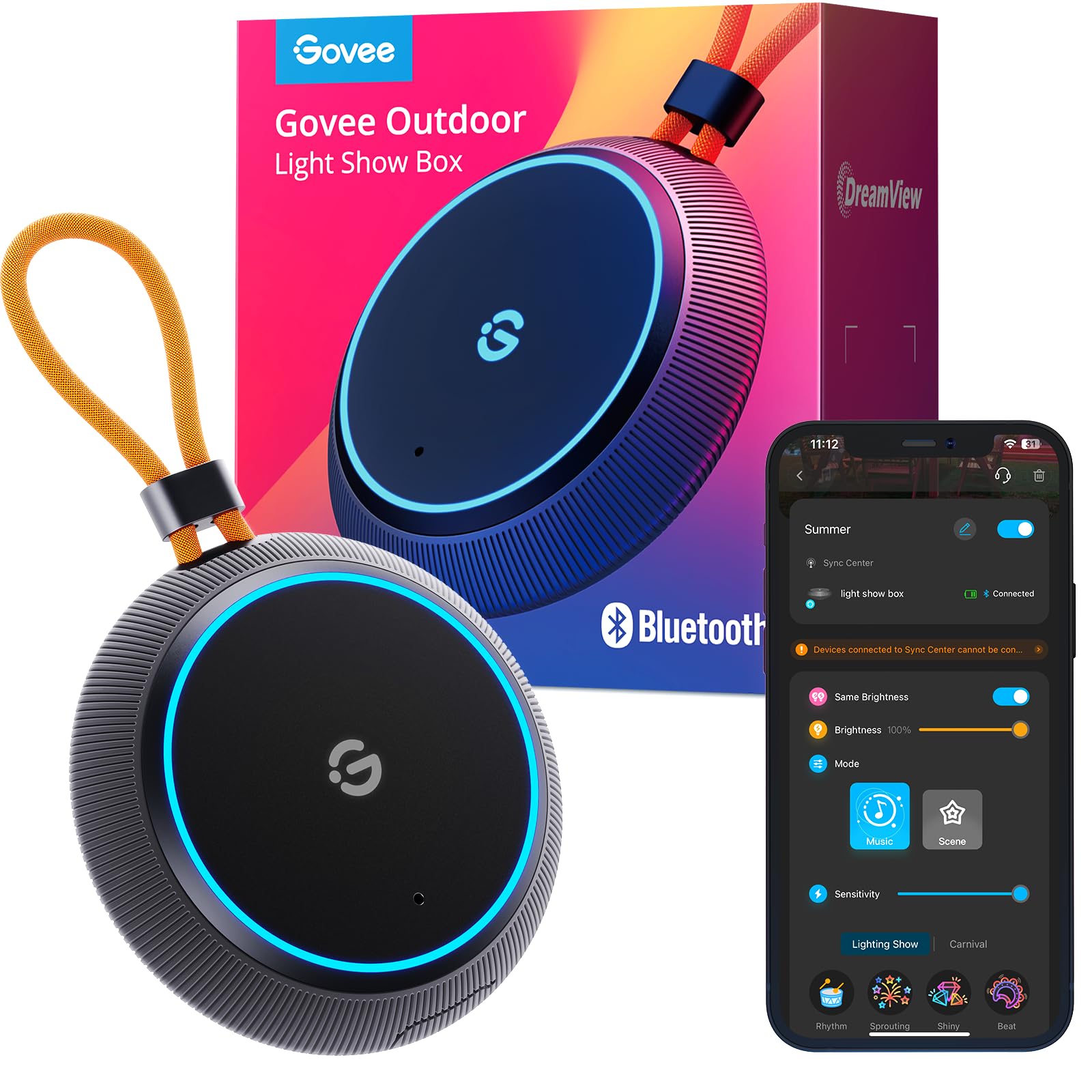 Govee Outdoor Light Show Box, 22 Music Modes, 20 Scene Modes, Bluetooth, IP65 Waterproof, Battery Powered, Model H1167, Black