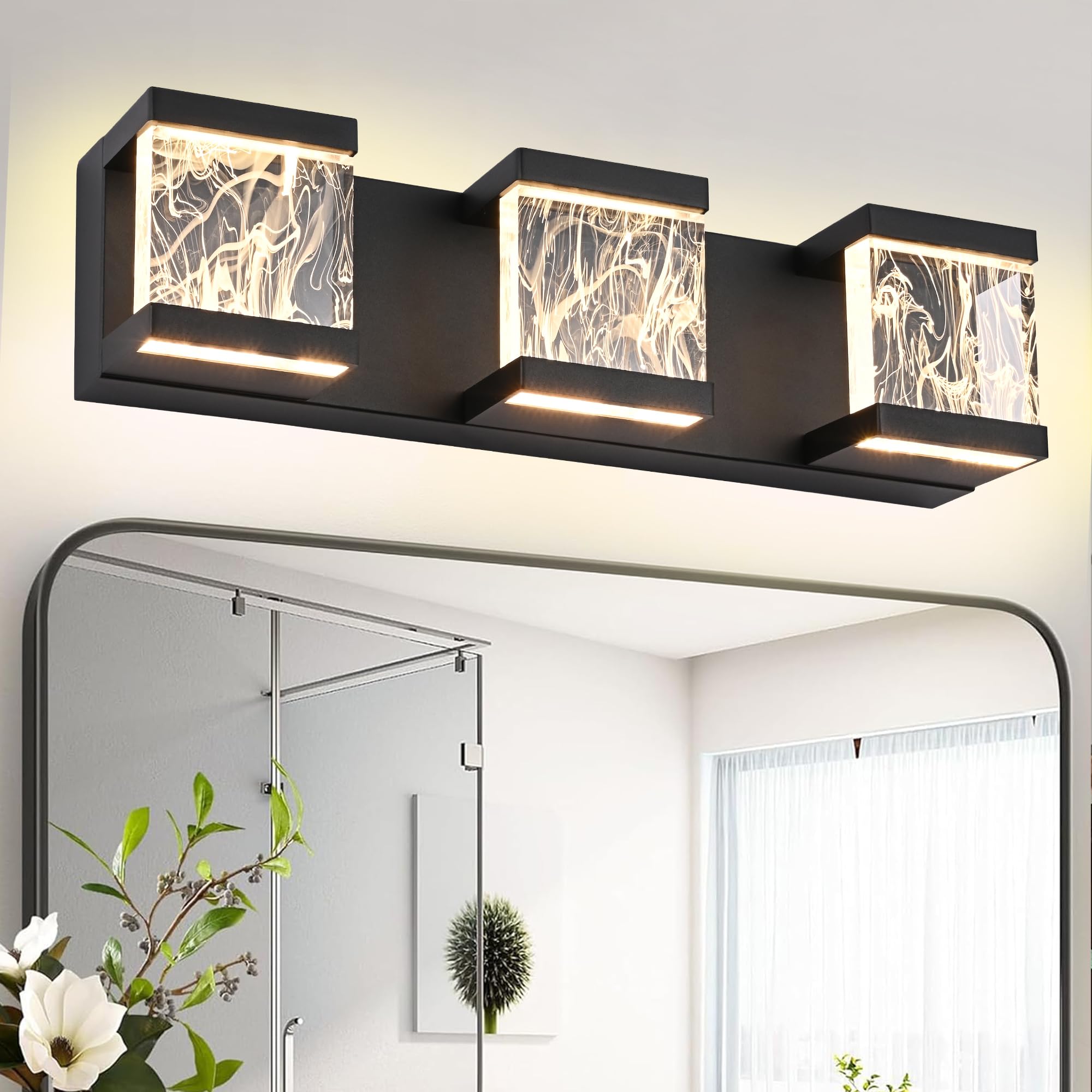 MELUCEE Modern LED Bathroom Lights Over Mirror 15W 3 Lights LED Vanity Light Bar with Unique Smoke Acrylic Panel Black Bathroom 
