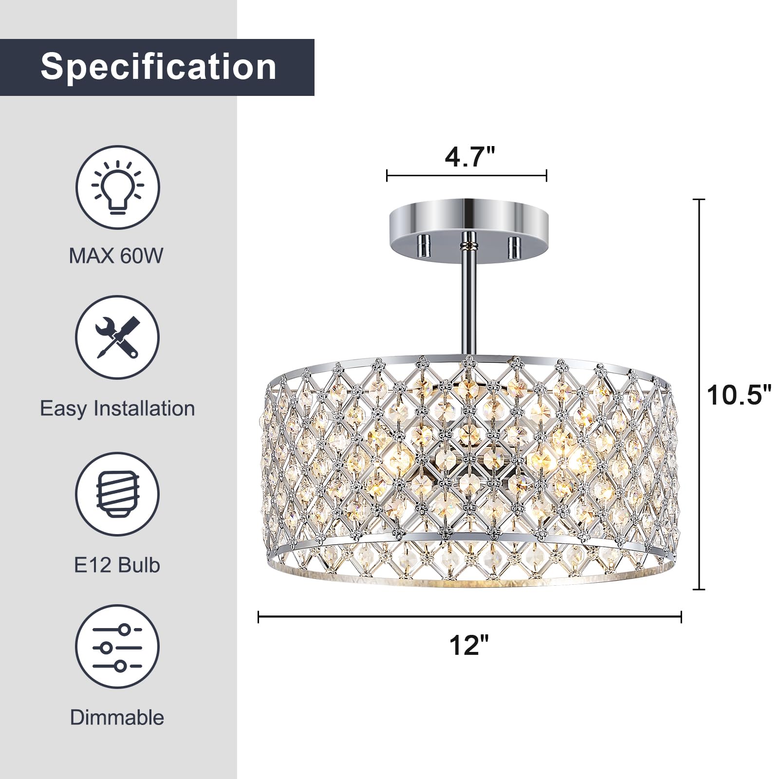 Bzvesr Chrome Crystal Ceiling Light Fixture Modern Semi Flush Mount Ceiling Lighting Fixture Round Small Chandelier For Dining Room  Hallway  Entryway  Kitchen  Bedroom Foyer 3 Light 12 Inch