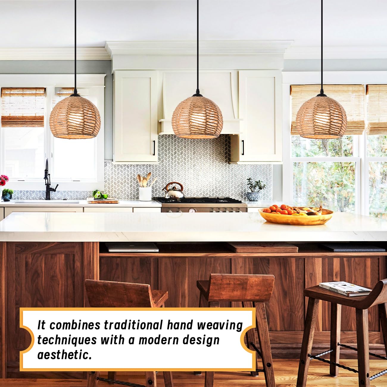 Ayshwilldec 3-Pack Woven Pendant Light, Boho Chandelier, Hemp Rope, Rustic For Dining Room & Kitchen