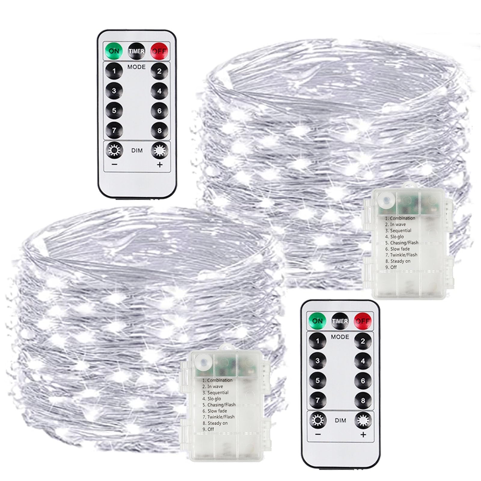 2 Pack Each 33Ft 100LED Battery Operated Fairy Lights with Remote, Waterproof Battery Christmas Twinkle Light with Timer, String
