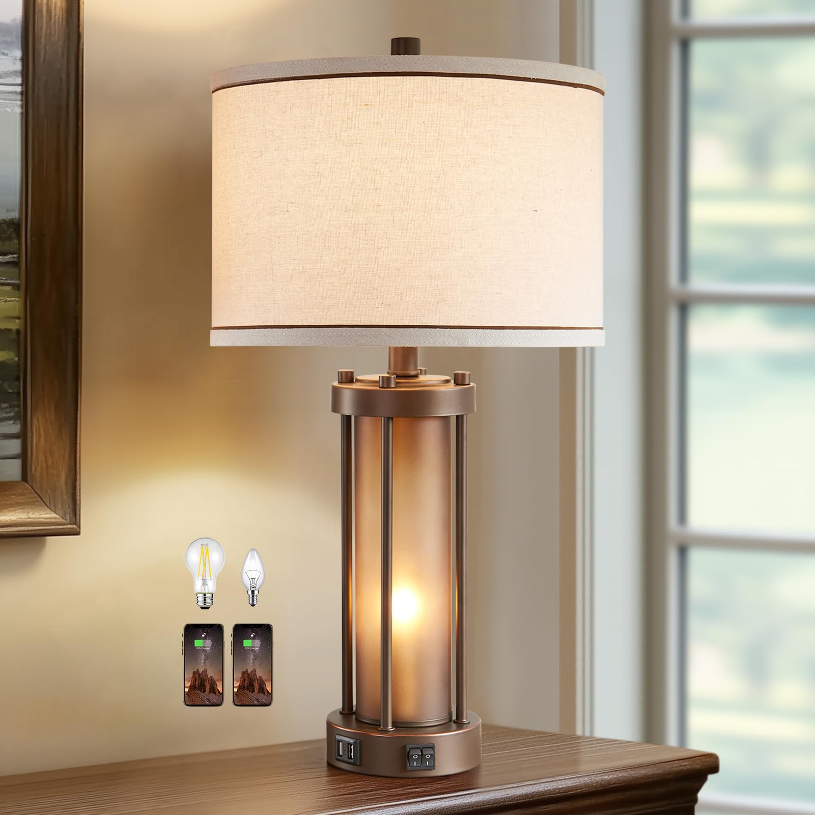 Farmhouse Table Lamps For Living Room With 2 Usb Charging Ports, Vintage Rustic Nightstand Lamp With Amber Glass Nightlight, Ret