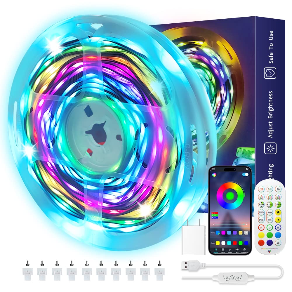 Daymeet ICRGB Led Strip Lights, 32.8ft Led Lights for Bedroom USB Smart Bluetooth LED Lights APP Control DIY Music Sync Color Ch