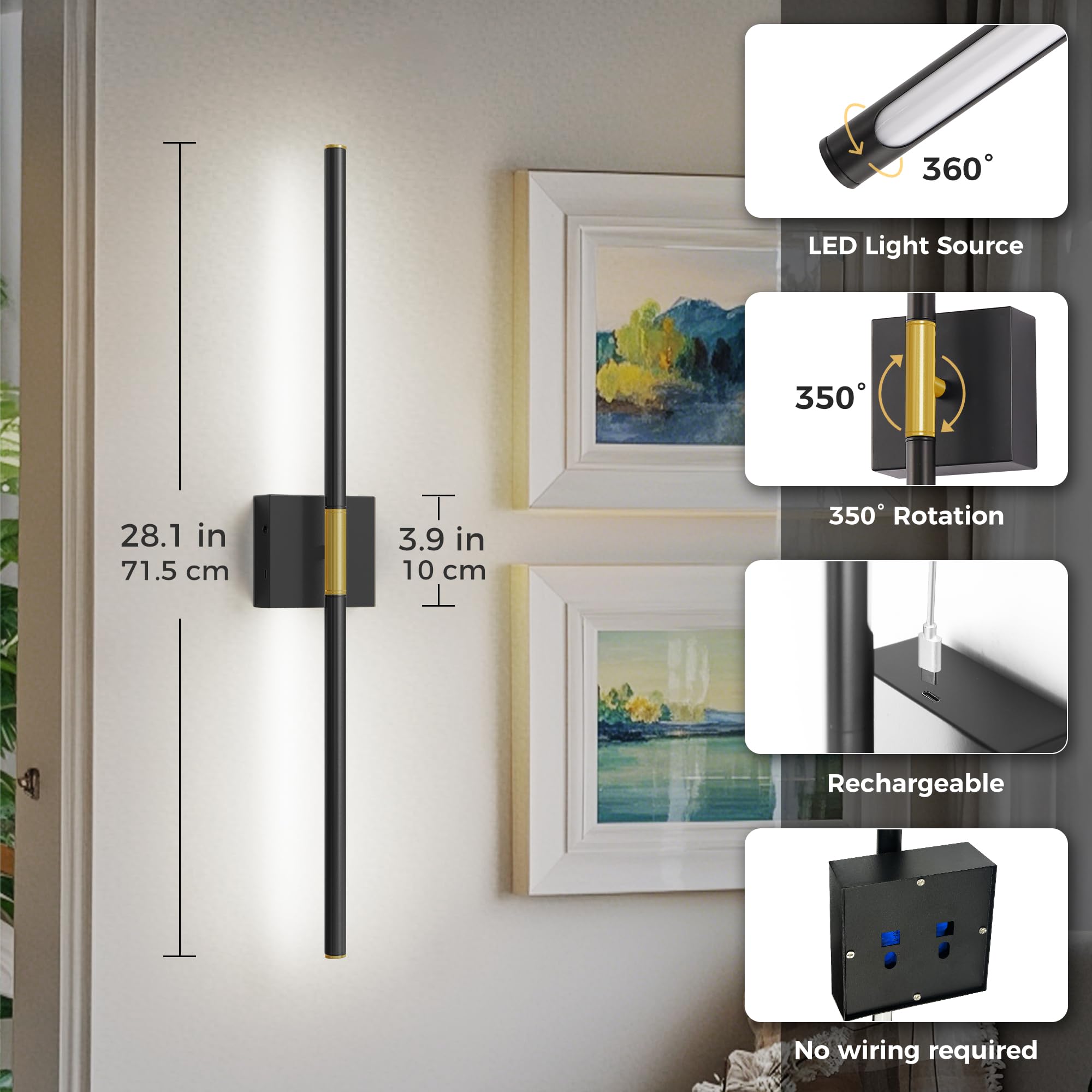 L Lohas Led Battery Operated Wall Sconces Set Of 2, Battery Wall Sconce 10000Mah, Gold And Black Rechargeable Sconces 6000K, 28.