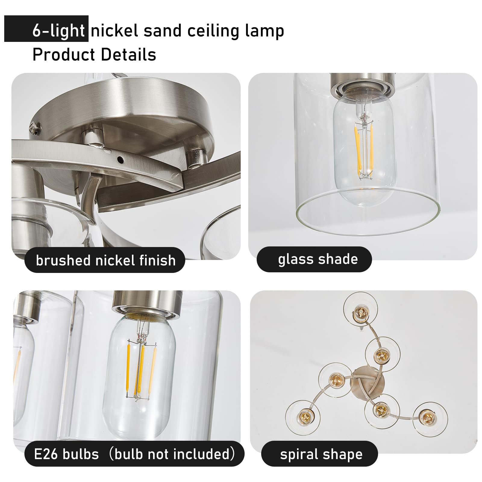 Eatich 6-Light Semi Flush Mount Ceiling Light, Modern Brushed Nickel Ceiling Light Fixture, Dining Room Light Fixture With Clear Glass Shade, Kitchen Light Fixtures Ceiling Mount For Bedroom Entryway