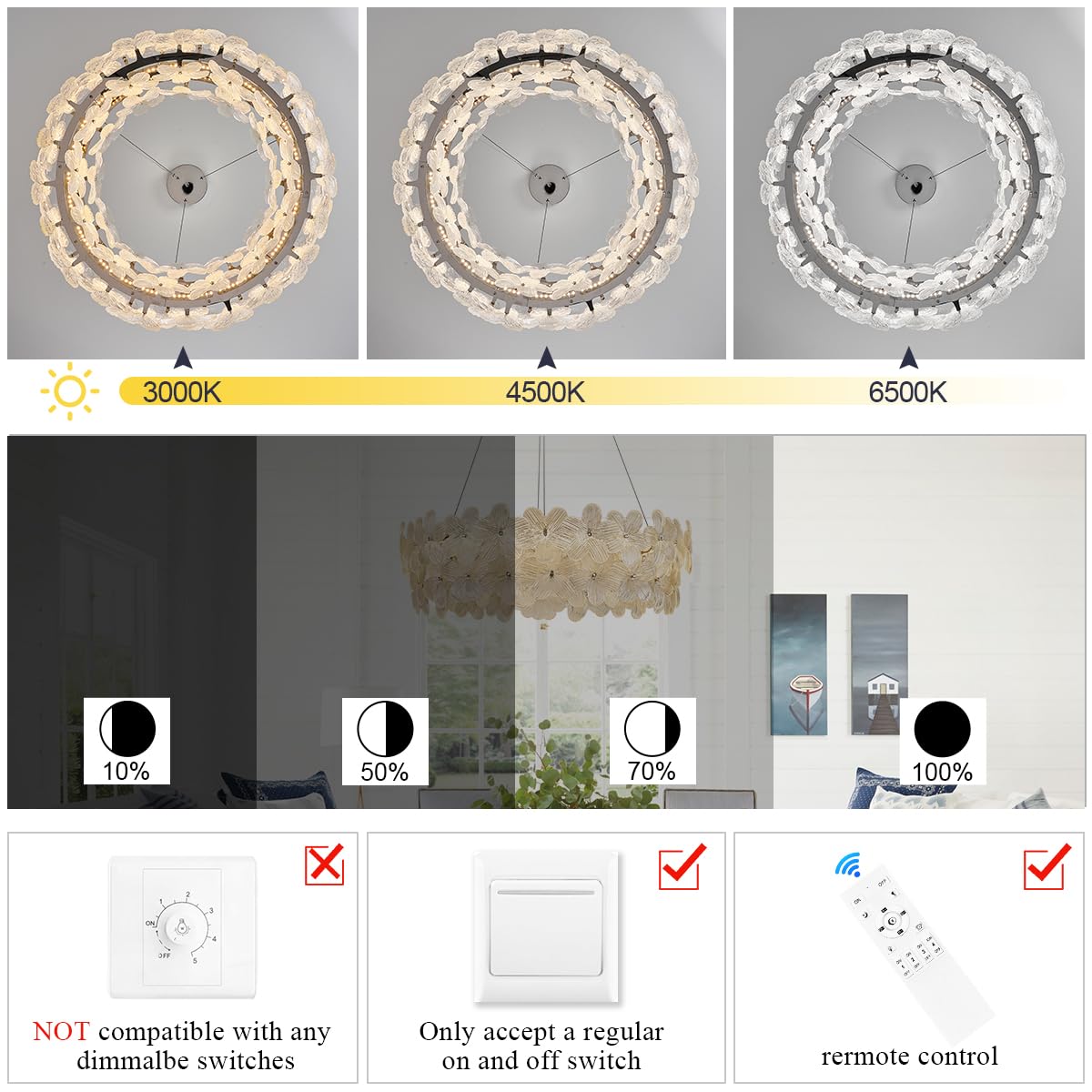 Poemoon 32'' Flower LED Chandelier, Chrome, Dimmable, Remote Control, Modern Lighting for High Ceilings, Model P50-800C1