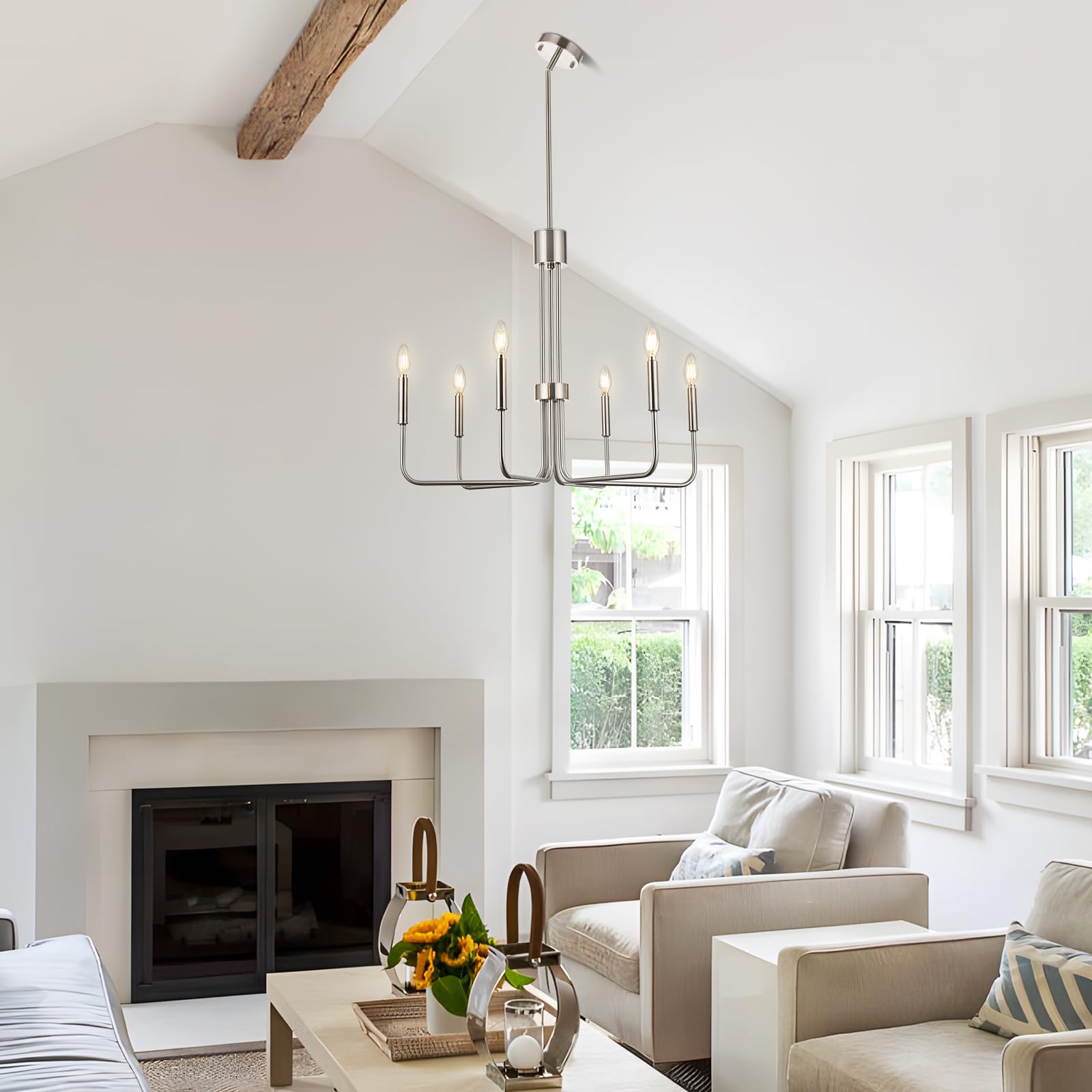 Brushed Nickel Chandelier, 6 Lights Farmhouse Dining Room Light Fixture, Chrome Metal Candle Chandelier, 28 Inch Pendant Ceiling