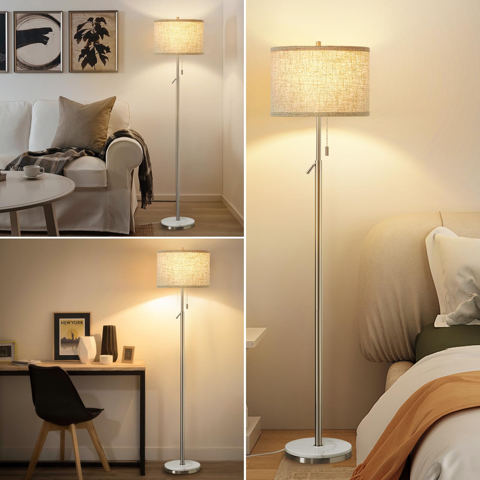 GyroVu Marble Floor Lamp, Adjustable Height, Silver, Pull Chain Switch, Tall Standing Lamp for Living Room, Bedroom & Office
