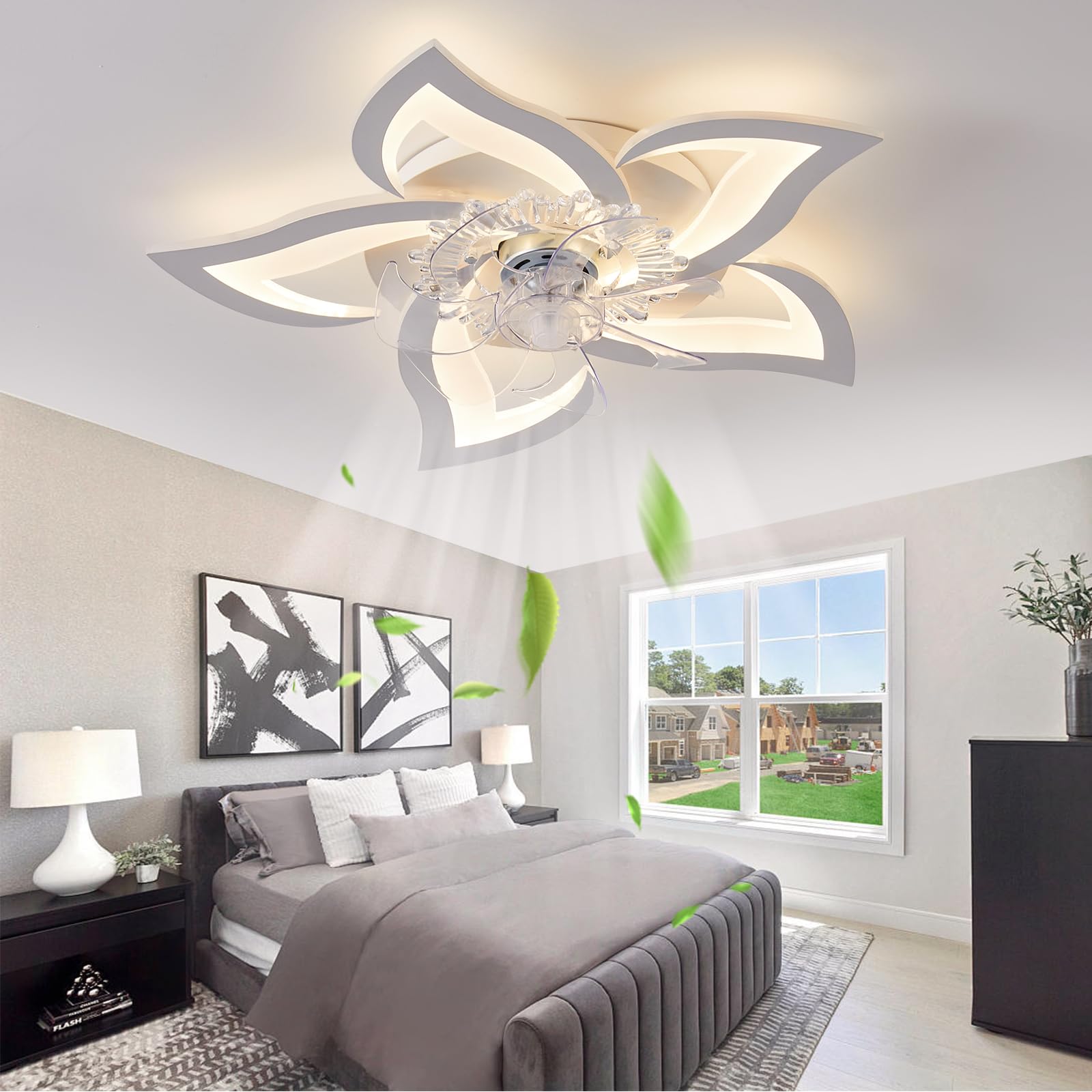 REYDELUZ Low Profile Ceiling Fan with Lights,Modern Dimmable Flower Shape Ceiling Light Fan with Remote Control/App Control,for