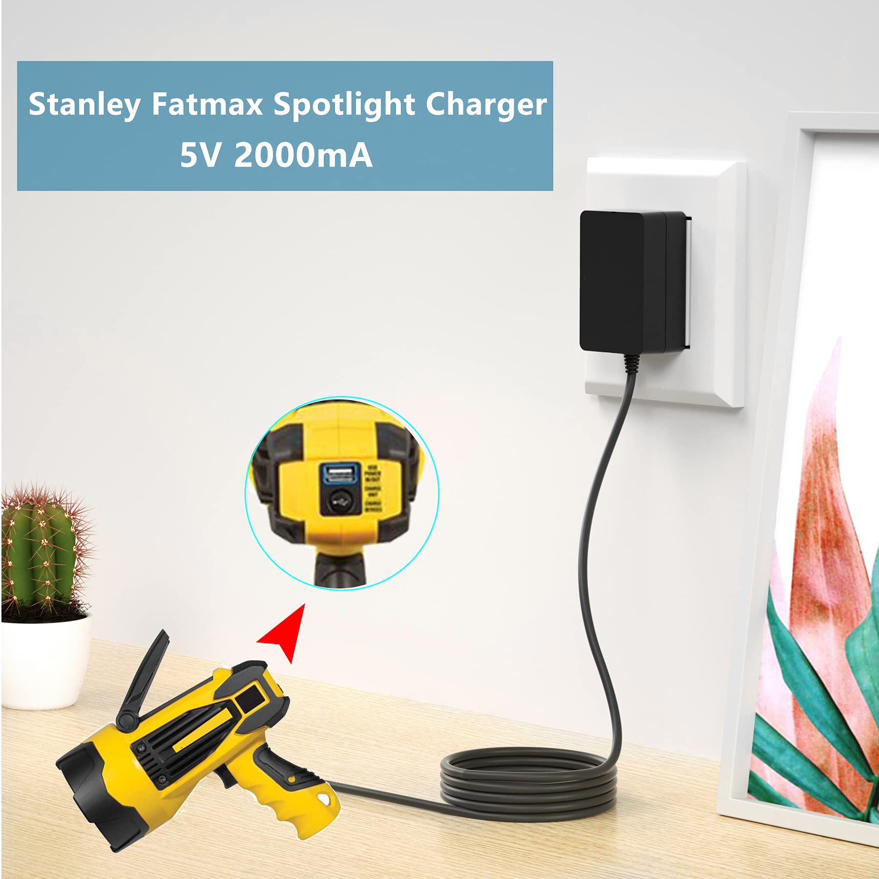 WUKUR Replacement Charger for Stanley Fatmax SL10LEDS Flashlight - 5V Power Cord, Yellow, Model CT-1250