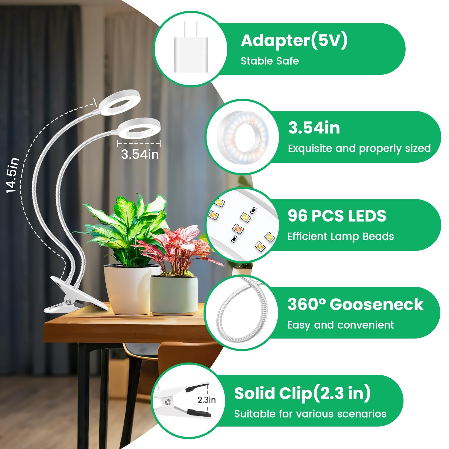 Wiaxulay 96 LED Full Spectrum Grow Light for Indoor Plants, 2 Head, White, Auto Timer, 5 Brightness, Model BL-B20D