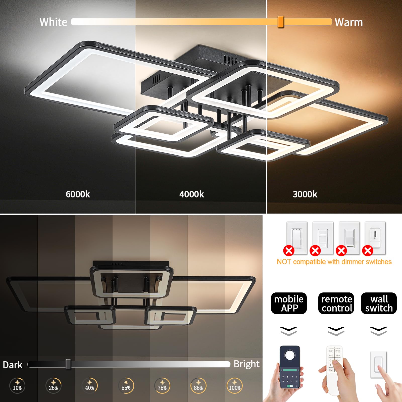 Shine Luest Modern Led Ceiling Light Fixture Black Kitchen Lighting Fixtures Ceiling For Bedroom 31.5'' Dimmable 6 Ring Square C