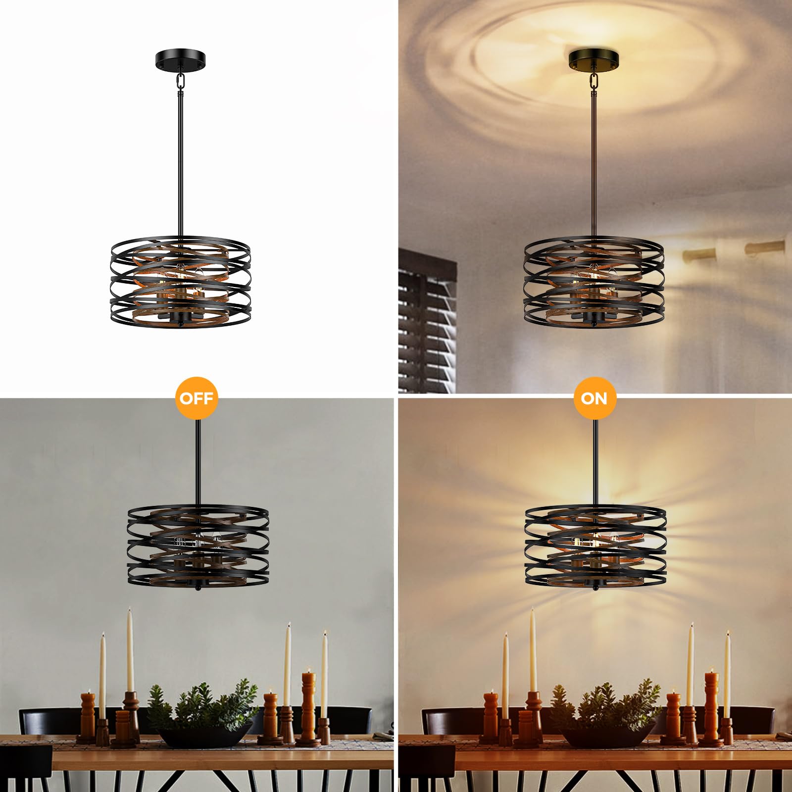 12.6 In Black Chandelier, 3-Light Farmhouse Chandelier For Dining Room Lighting Fixtures Hanging, Dining Light Fixtures Industri