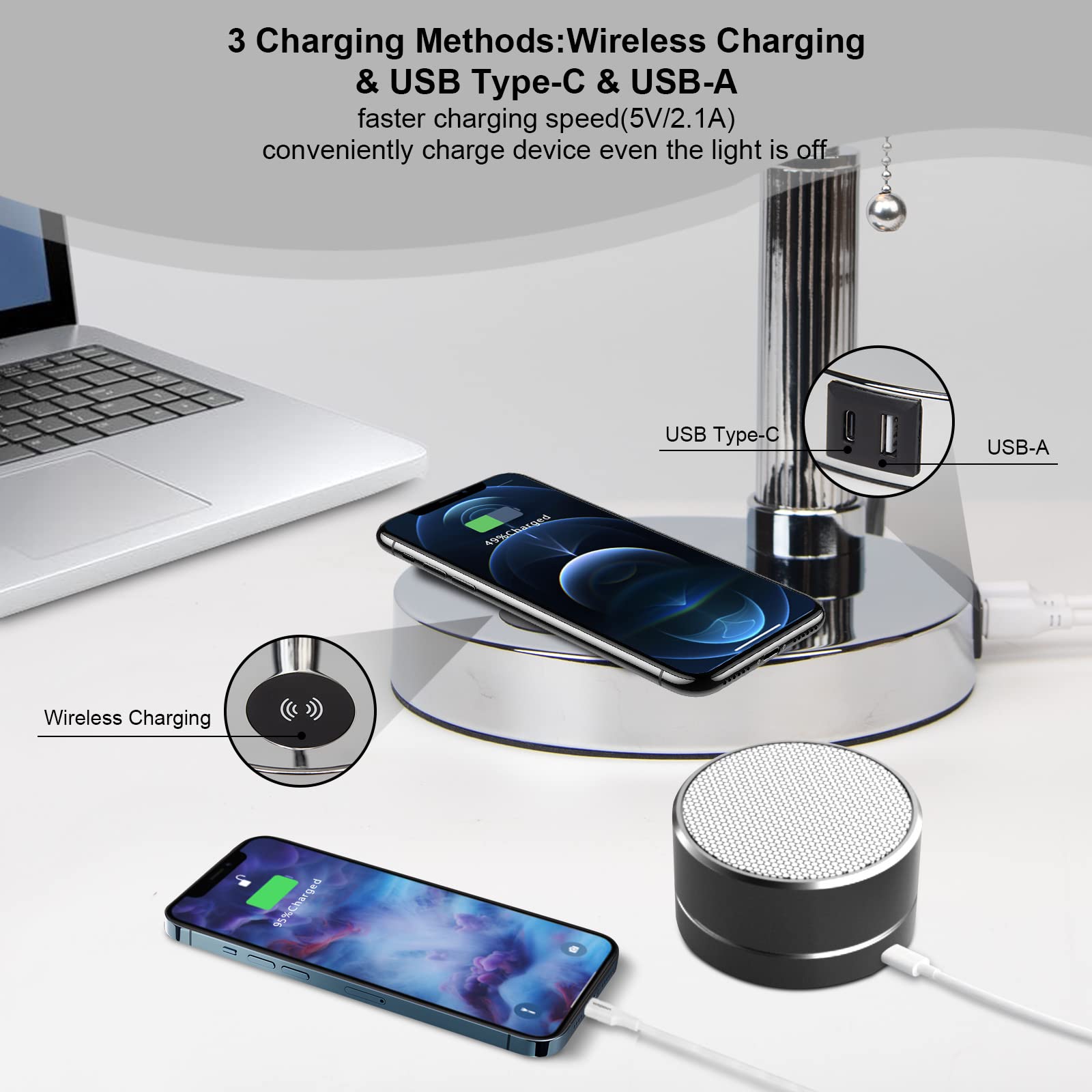 FIRVRE Bankers Lamp, White Glass Desk Lamp with Wireless Charger and 2USB Charging Port,Pull Chain Switch Lamp with Metal Base,M