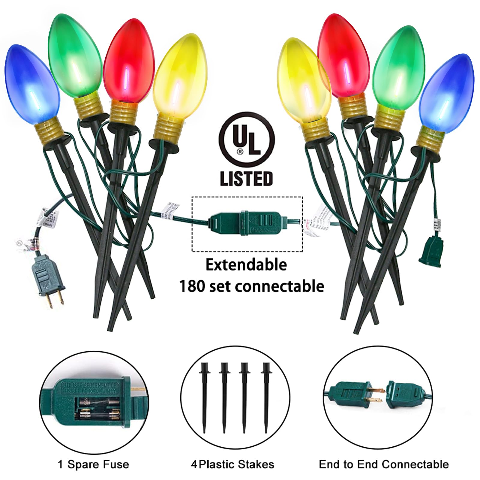 Cbebew C9 Outdoor Christmas Pathway Lights, Set of 4, Clear Multicolored Jumbo LED, 7Ft Connectable, Plastic, Holiday Yard Decor
