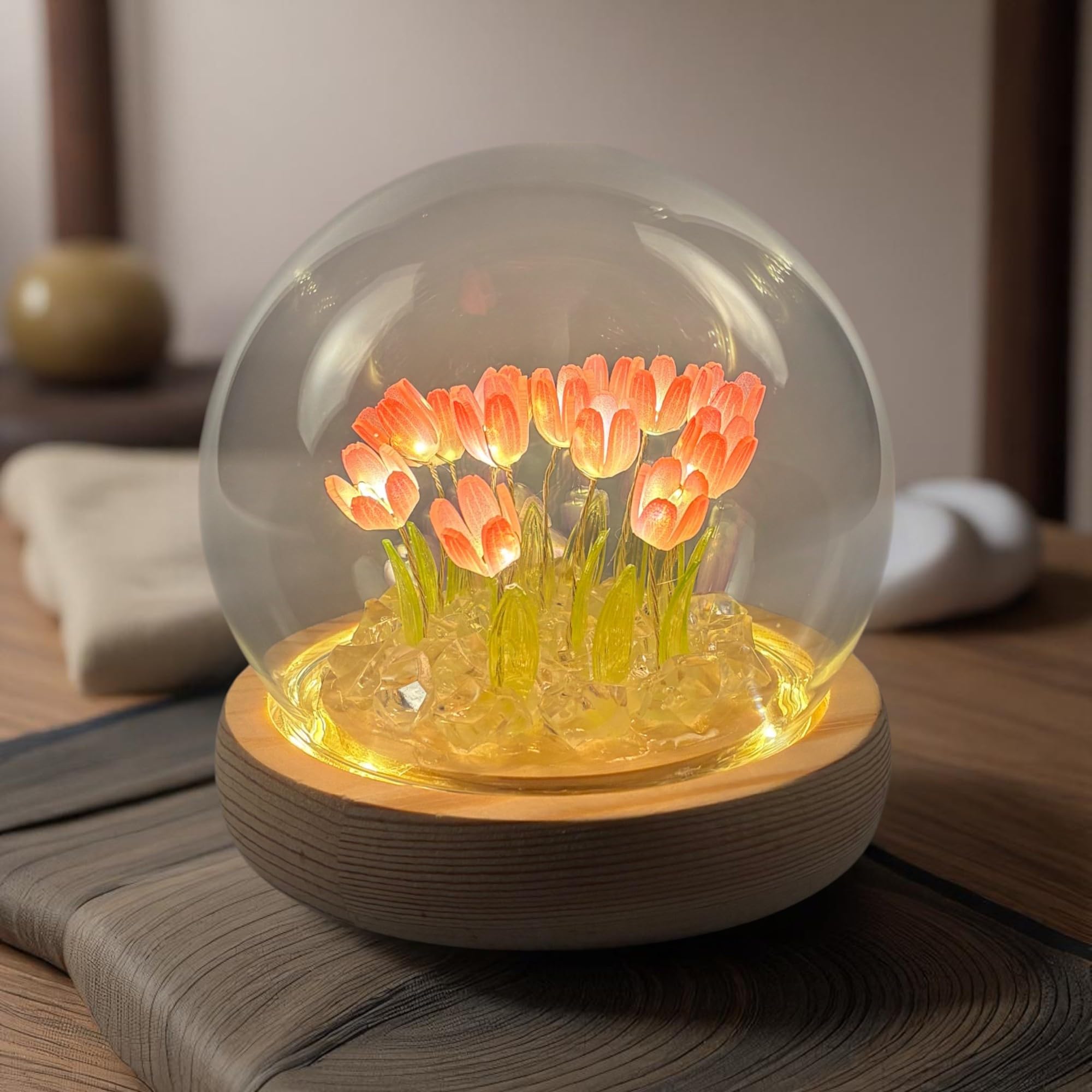 ALYMACK Tulip Lamp Glass Globe - Illuminated Flower Lamp with Glowing Blooms on Wooden Base - Battery-Powered Decorative Night L