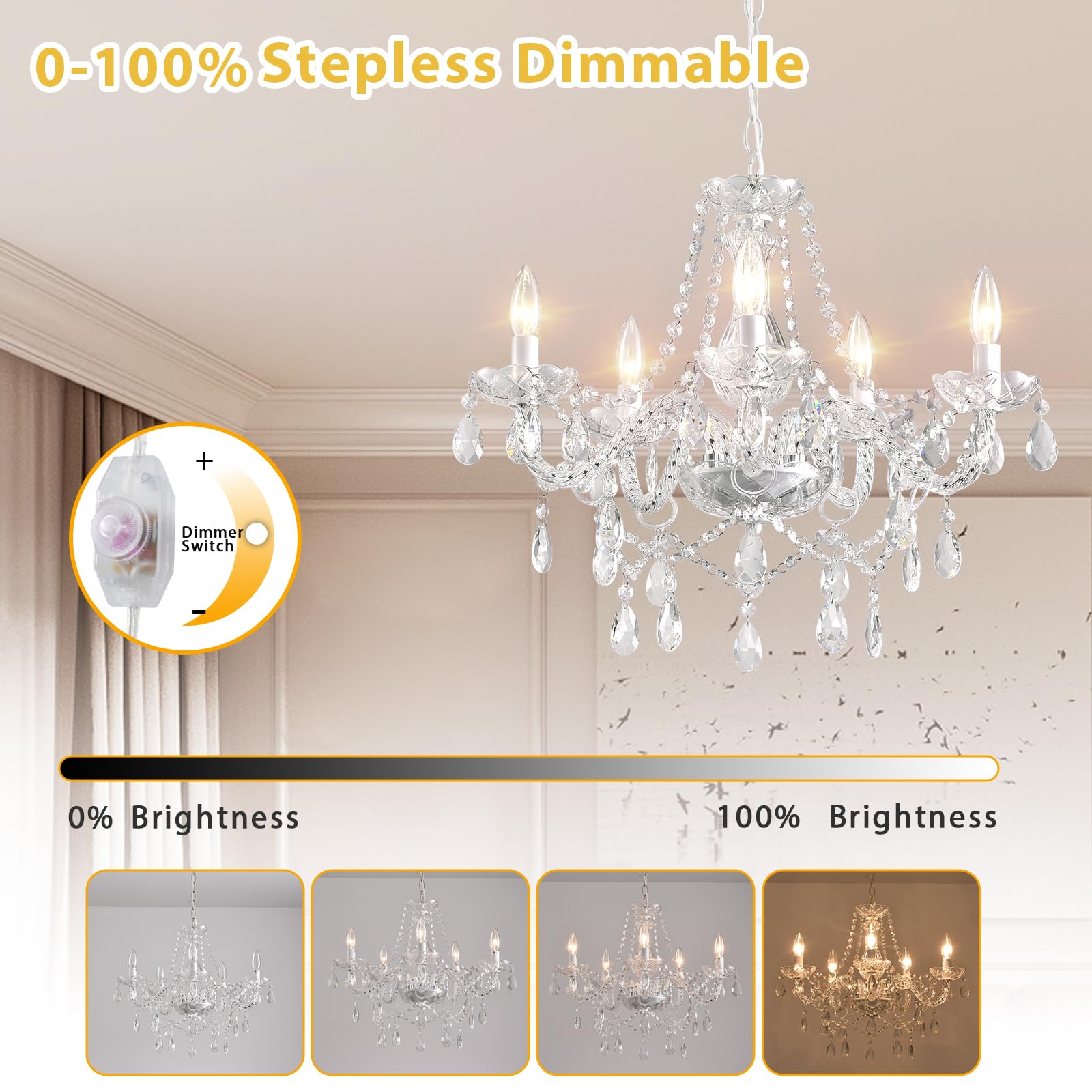 HOXIYA Dimmable 5-Light Glass Chandelier, White Pendant Light with Crystal Beads, Model HOXIYA-DJ-PL0503 for Girls' Room, Dining, Kitchen