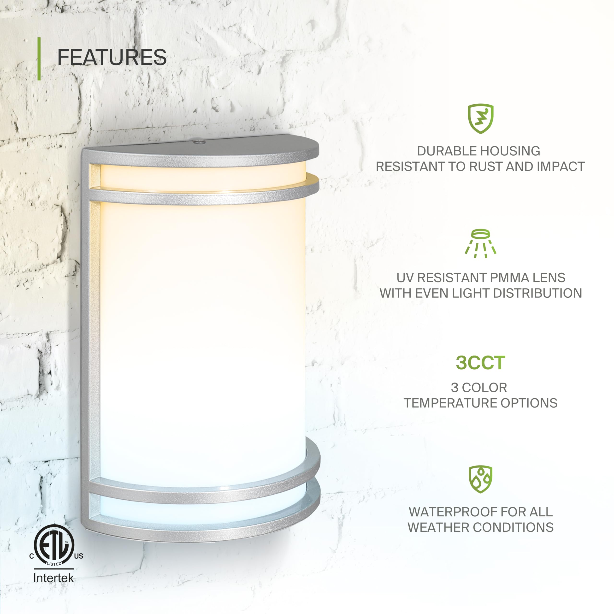 ASD 10 Inch LED Outdoor Wall Mount Light Fixture - Brushed Nickel Modern Wall Sconce Lighting - 120-277V 15W 3000/4000/5000K Adj