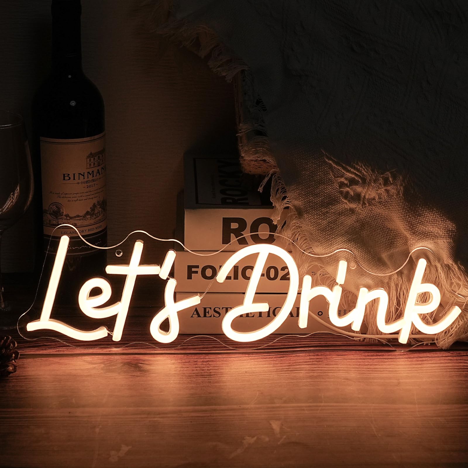 Noasktt Neon Sign - Lets Drink Wall Decor, Warm White LED, USB Powered, 16.5x4.7in, Acrylic
