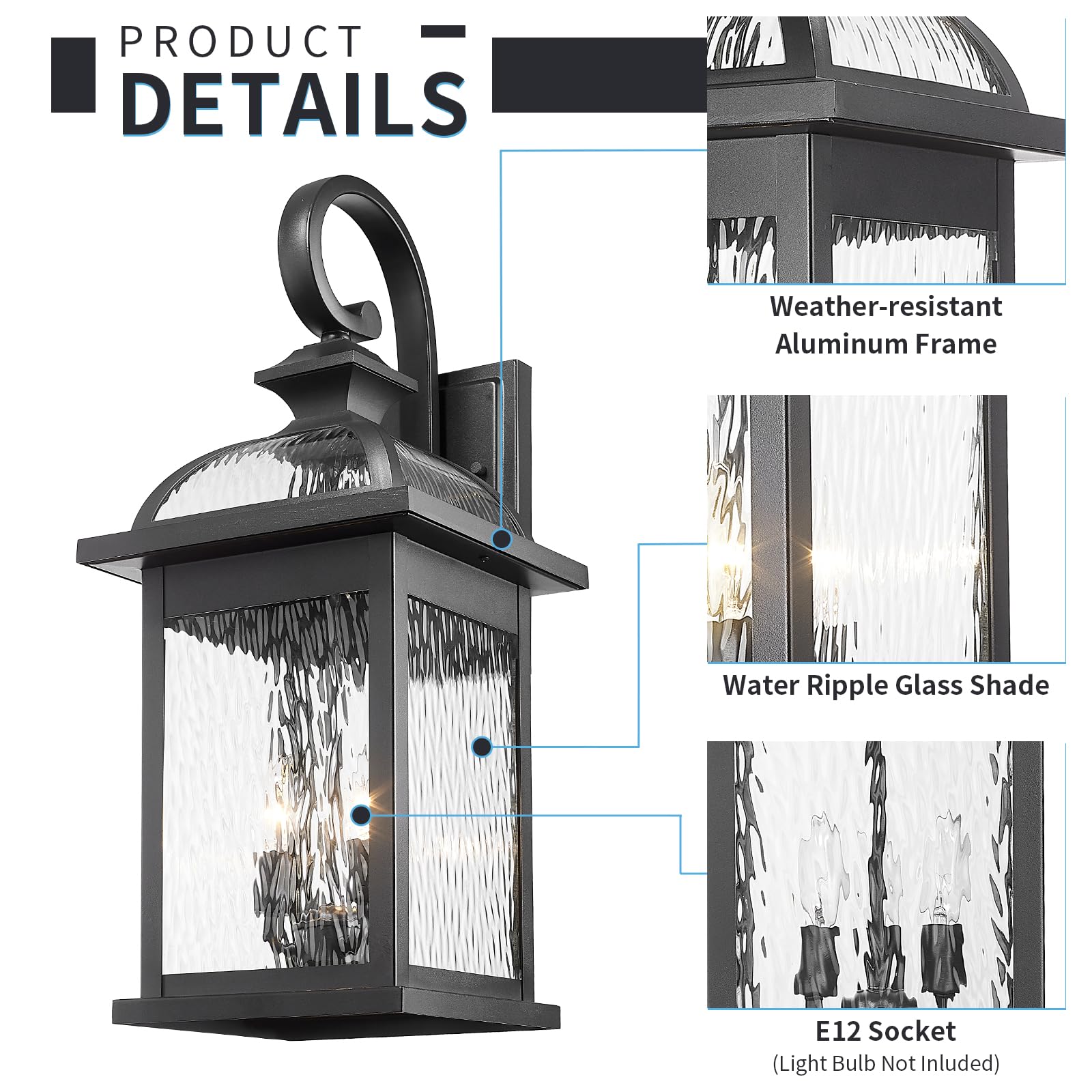 Darkaway Outdoor Wall Sconce Light, Extra Large 26" Black Water Ripple Glass, Model 6D5B, Ideal for Porch, Patio, Garage