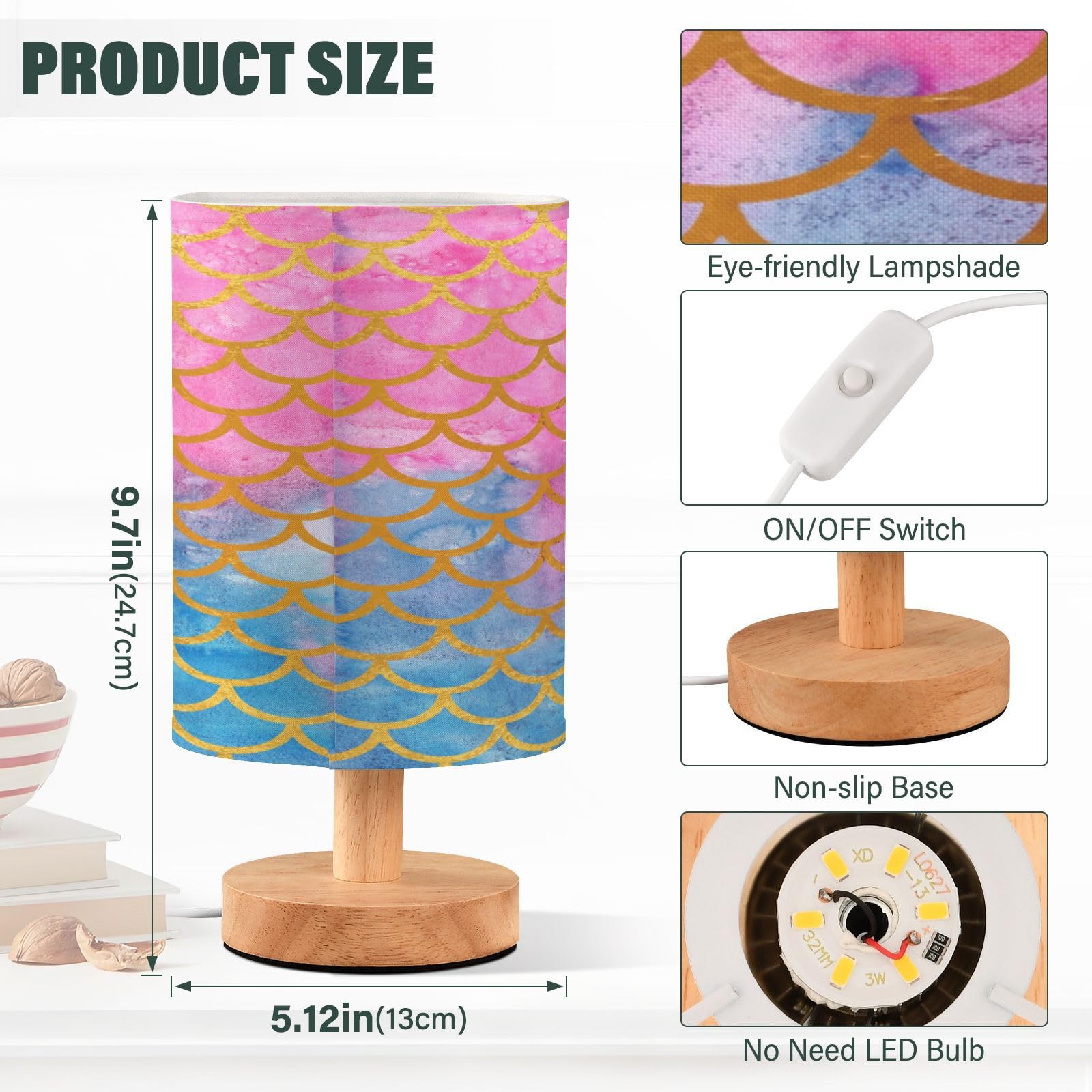 Alaza Mermaid Scales Pink Blue Gold Decor Bedside Table Lamp With Usb Port For Bedroom Nightstand Office Desk Led Bulb Included