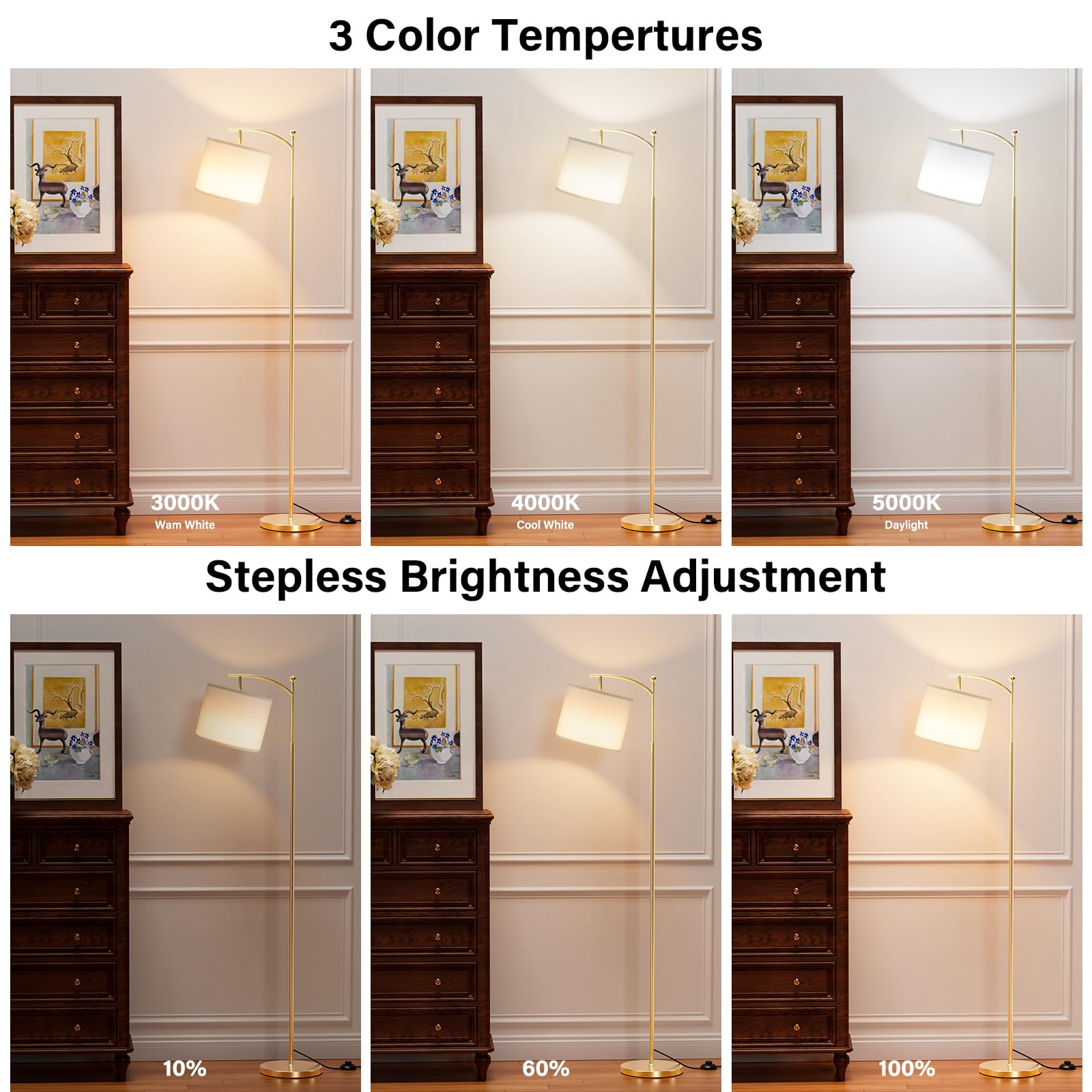 60'' Floor Lamps With Remote Control & Bulb, Colors Temperature & Brightness Adjustable, White Shade & Gold Pole