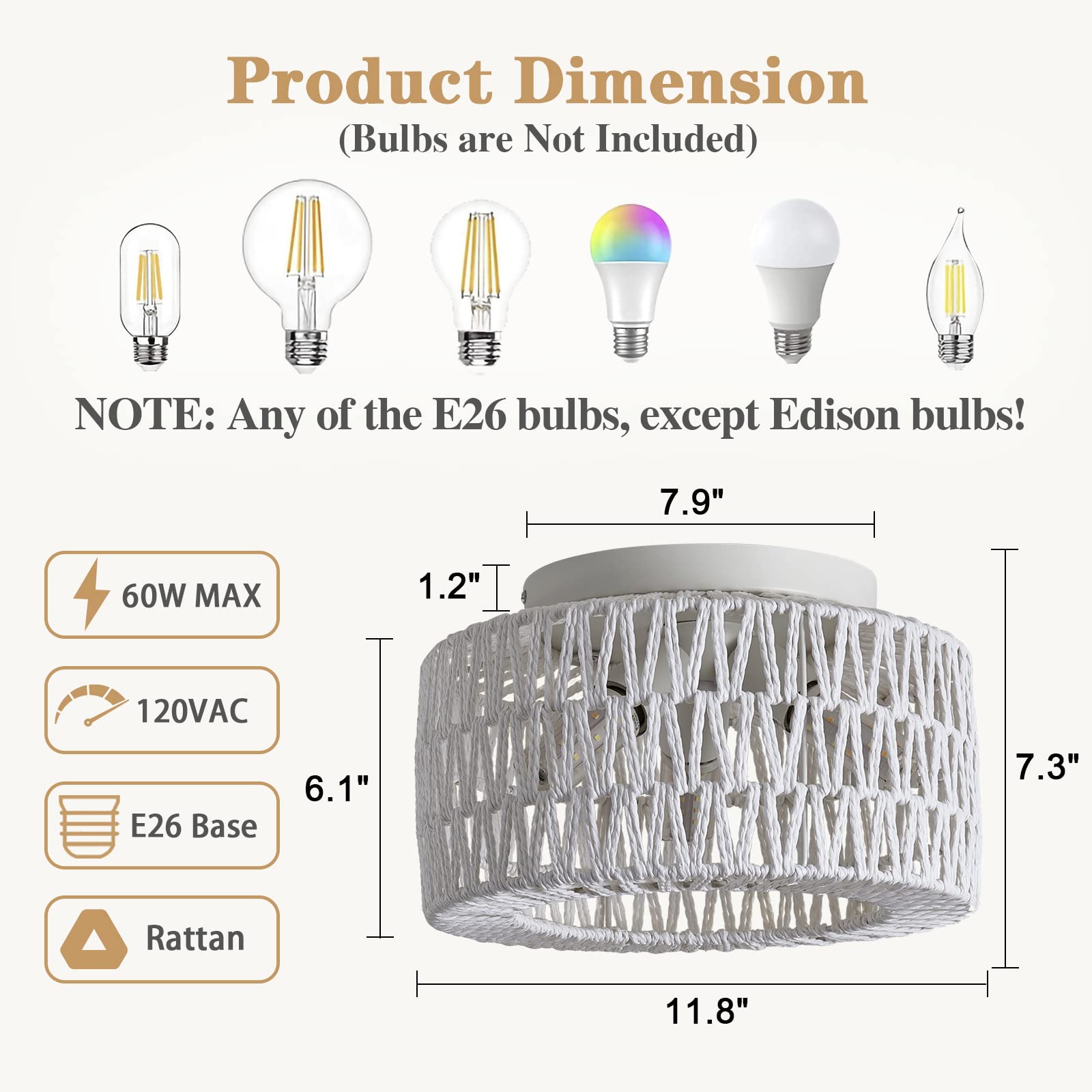 Rattan Light Fixtures Ceiling Mount, 3-Lights Boho Flush Mount Ceiling Light, Hand-Woven Cage Shade Lamp Lighting, Rustic Rattan