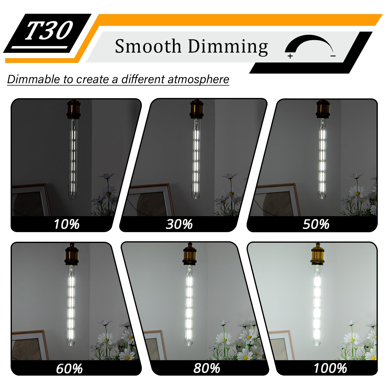 CREATE BRIGHT Dimmable 12W LED Tubular Bulb T30, 5000K Daylight White, Clear Glass, E26 Base, 11.86 Inch, 6 Pack