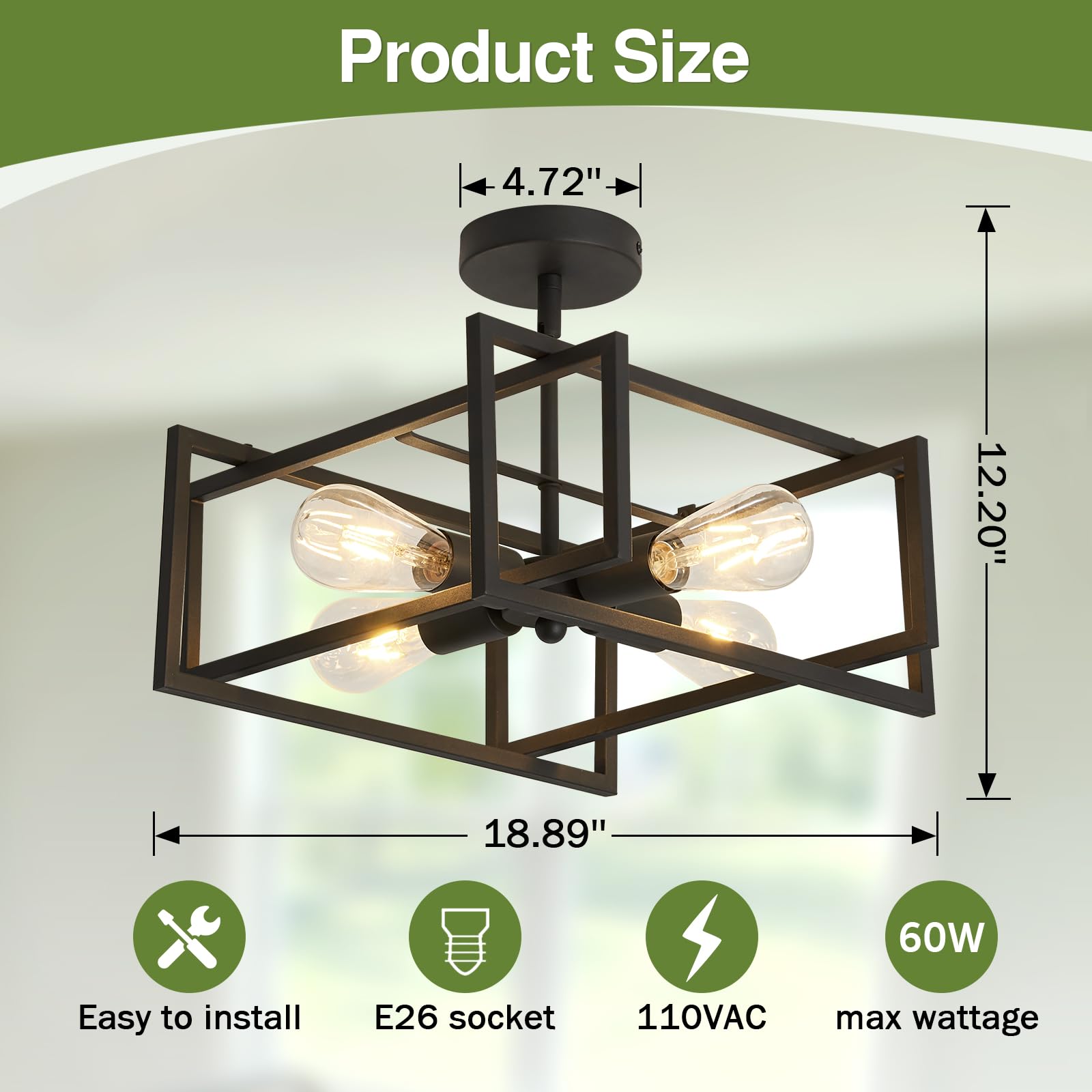 Szxykeji 2-Pack Close To Ceiling Light Modern Black Flush Mount Ceiling Light Fixture 18.89 Inch E26 Base Chandelier Lighting Fo