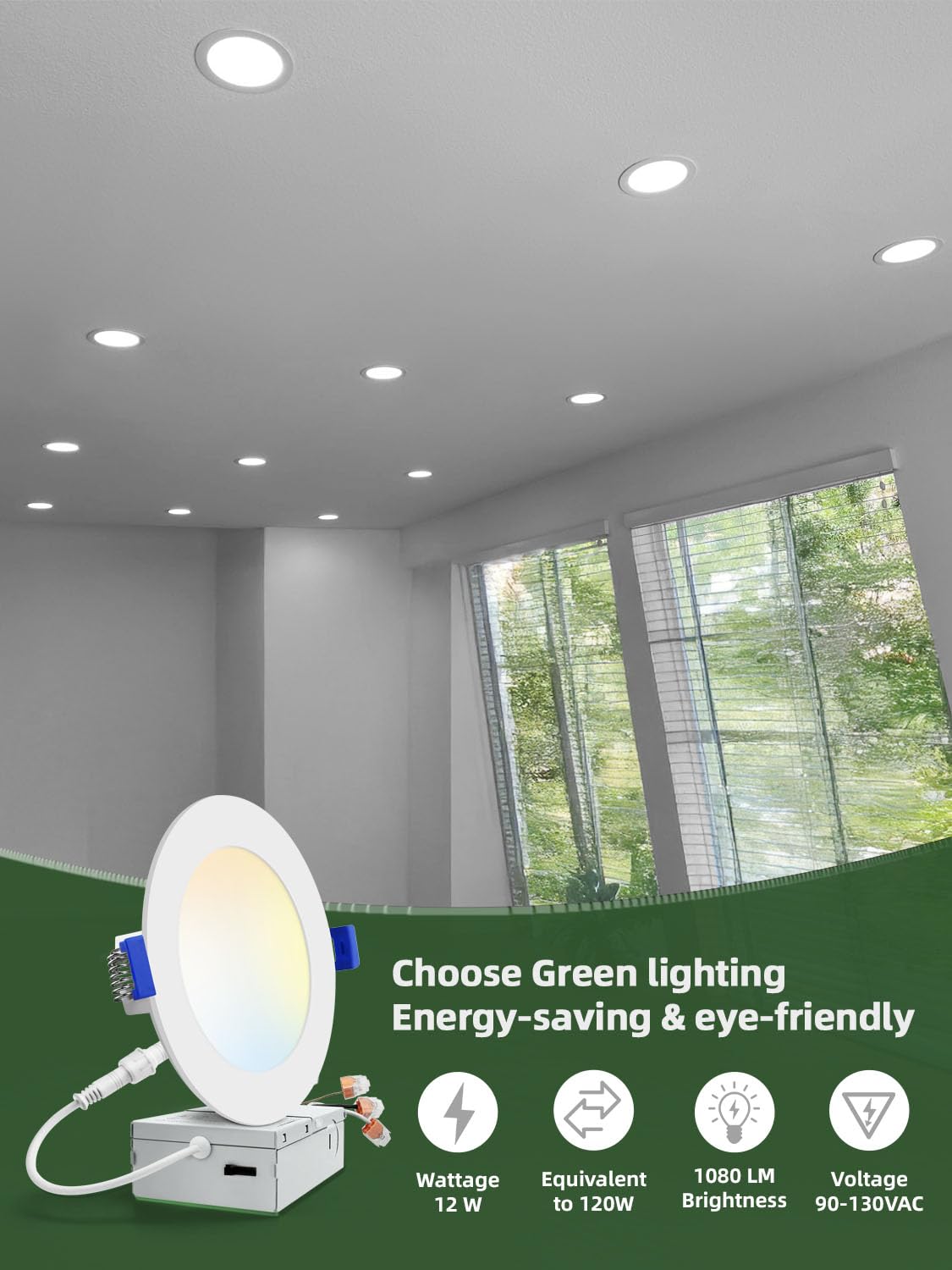 Zouzai 1 Pack 6 Inch 5Cct Ultra-Thin Led Recessed Ceiling Light With Junction Box, 2700K/3000K/3500K/4000K/5000K Selectable, 12W
