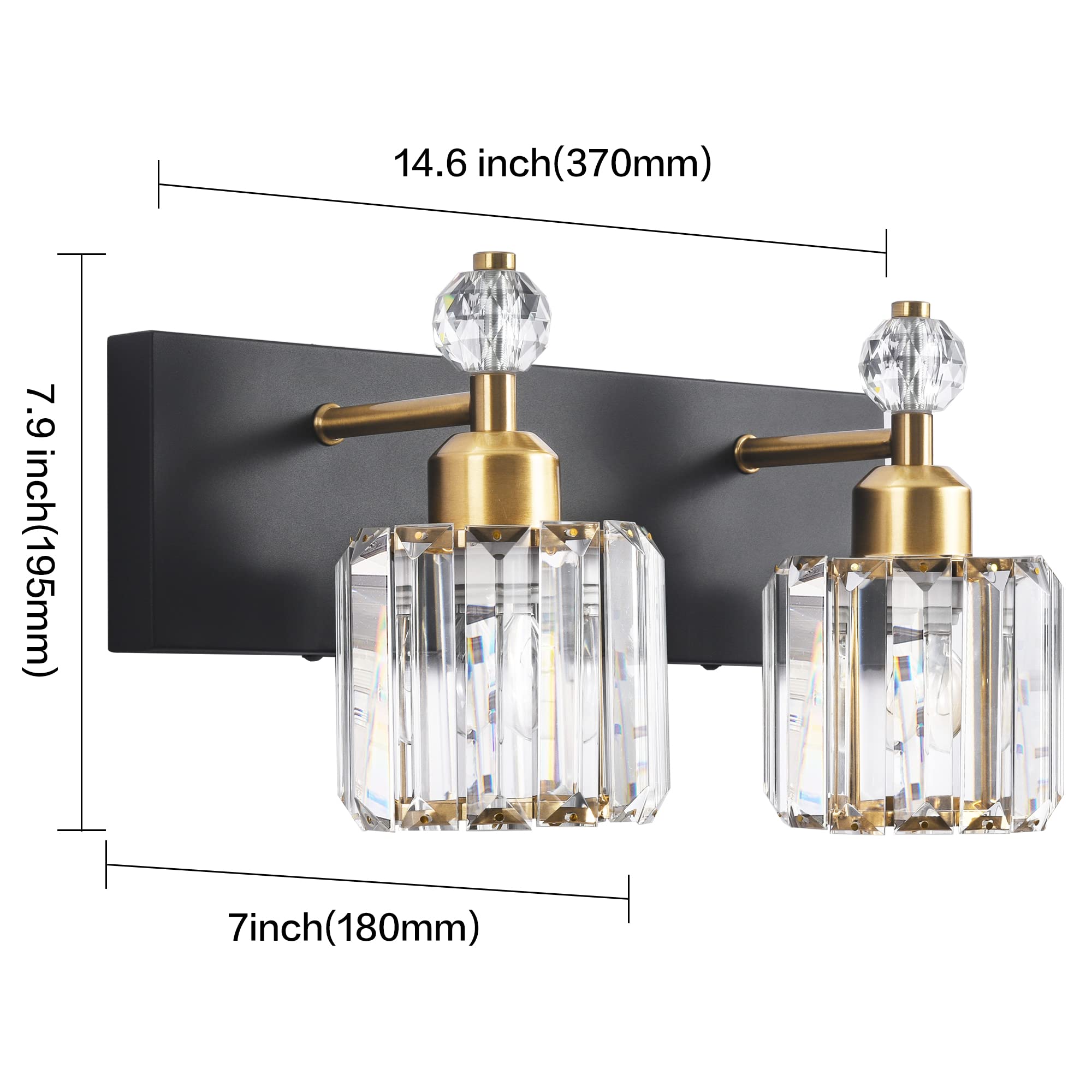 PRESDE Modern Crystal Black 2-Light Bathroom Vanity Lights, Matte Black Metal Fixtures for Wall Sconce Over Mirror