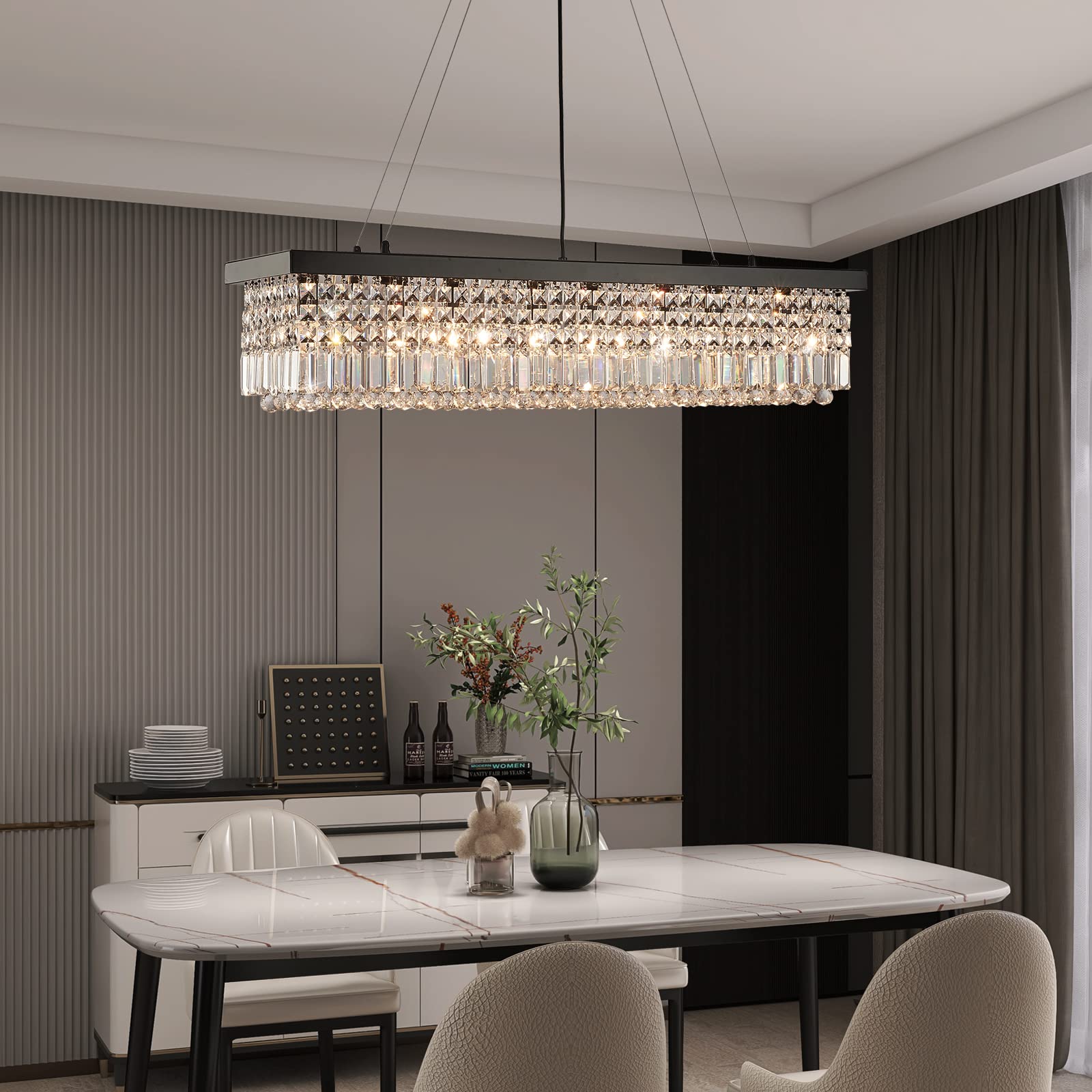 7Pm K9 Crystal Chandelier - Modern Rectangular Pendant Light, Black, L47Xw10Xh10, Stainless Steel, Model Cl010843