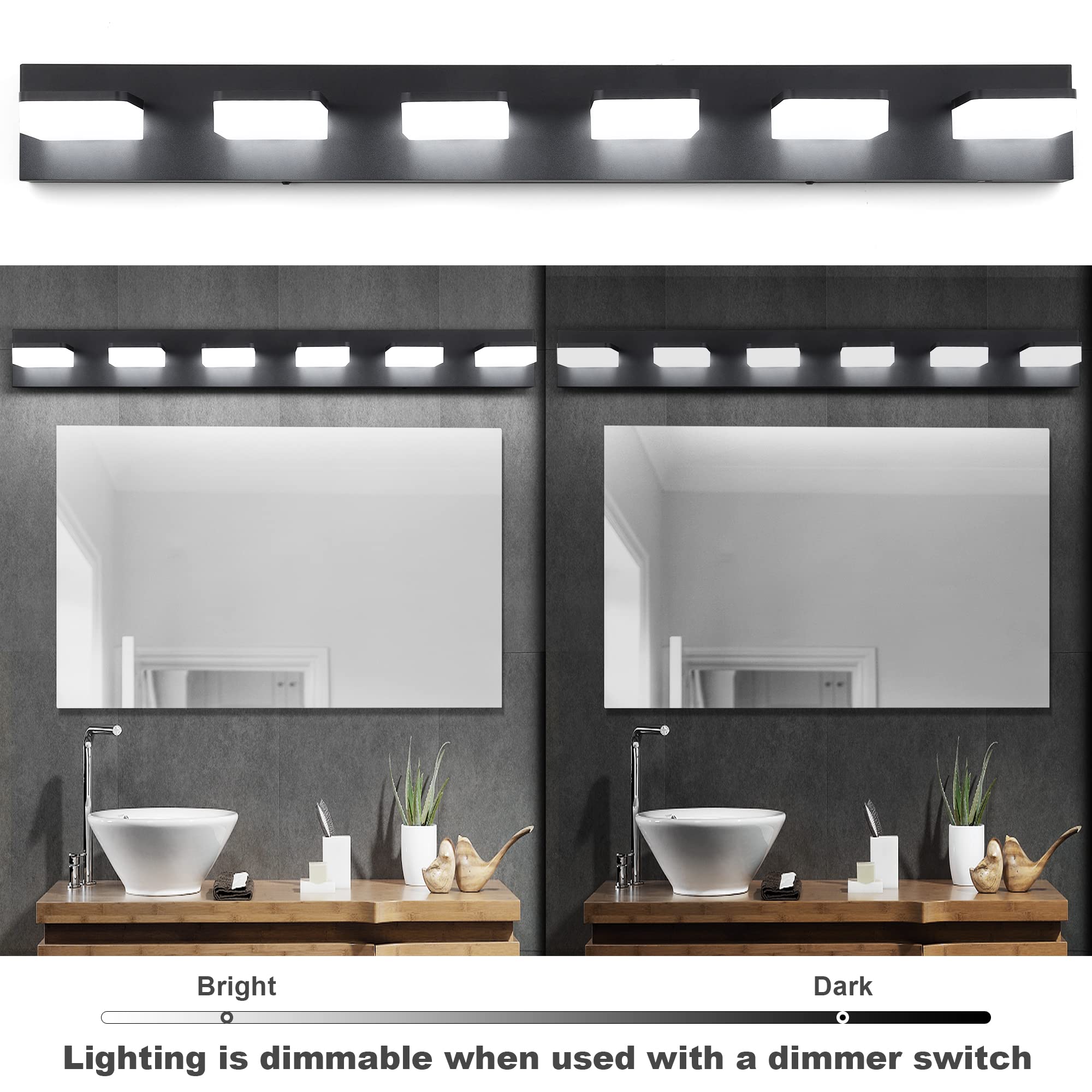 Goodate 3 Color Dimmable Led Vanity Light Fixtures - 6 Light Acrylic Stainless Steel Black Bathroom Light