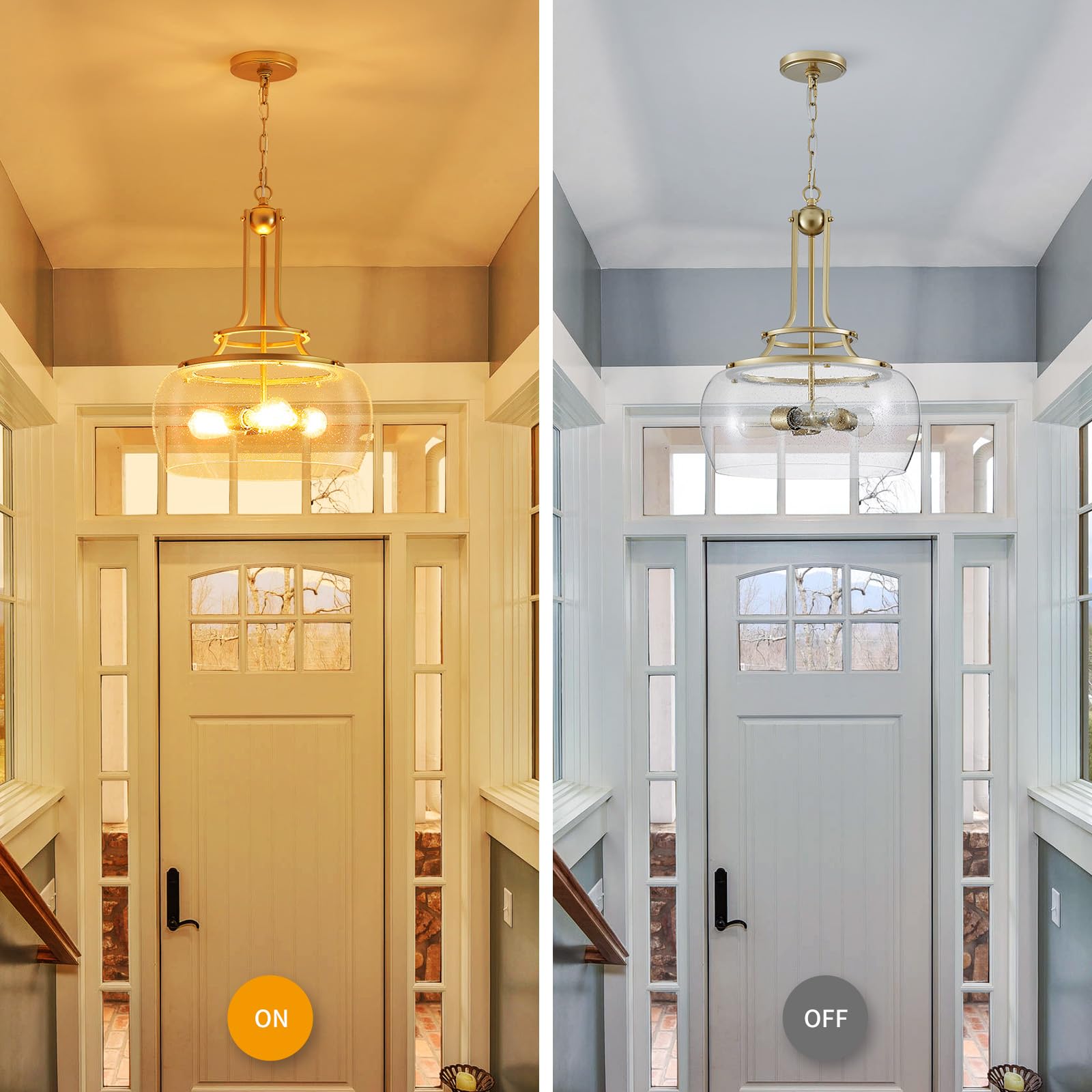 Wuzups 3-Light Gold Pendant Chandelier - Rustic Farmhouse Led Light Fixture With Glass Shade