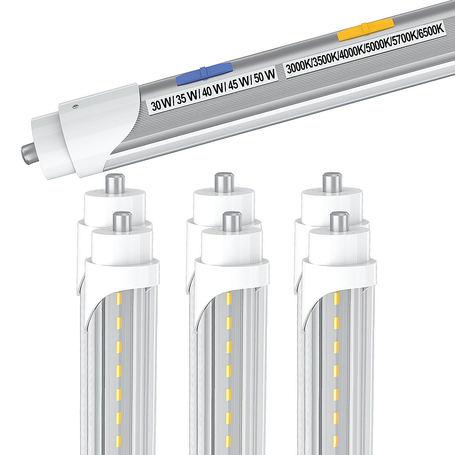 T8 T12 8Ft Led Bulbs, 8Ft Tube Lights 6Cct 3000K-6500K/5 Power(30W-50W Adjust), Super Bright Fa8 Single Pin Base Type B Bulbs, 8