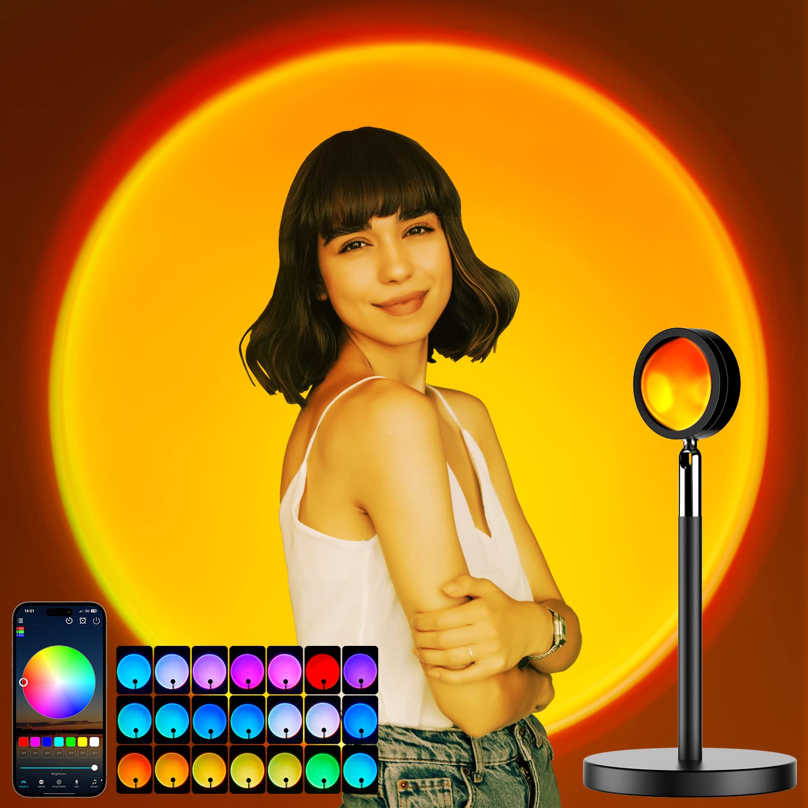 Molemyn Sunset Lamp Projector With App Smart Control 21 Colors Changing, 180 Degree Rotation Sunset Lamp For Bedroom Decoration, Led Sunset Light Projection Lamp For Birthday Wedding Party Photography