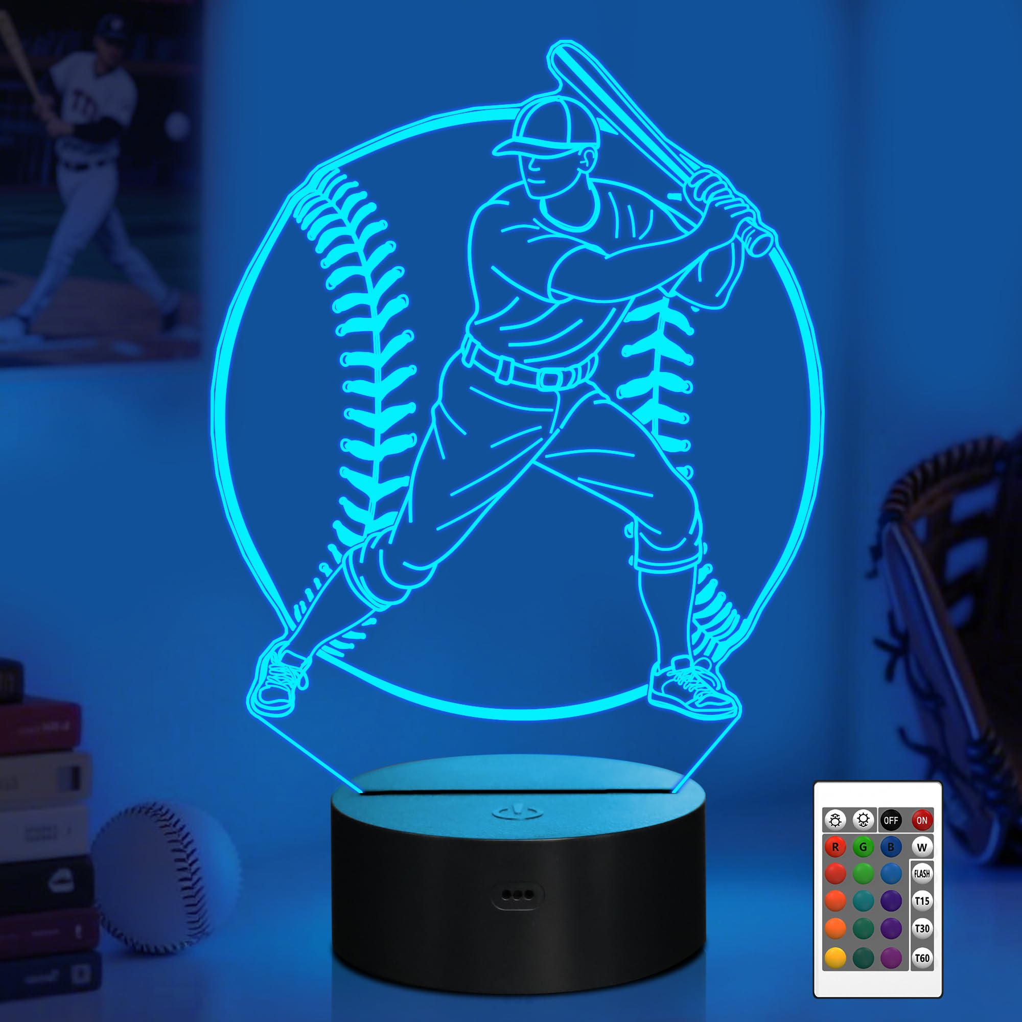 Attviolife Baseball Night Light, Baseball Gifts for Kids, 3D Optical Illusion Bedside LED Lamp with Remote Control & 16 Colors C