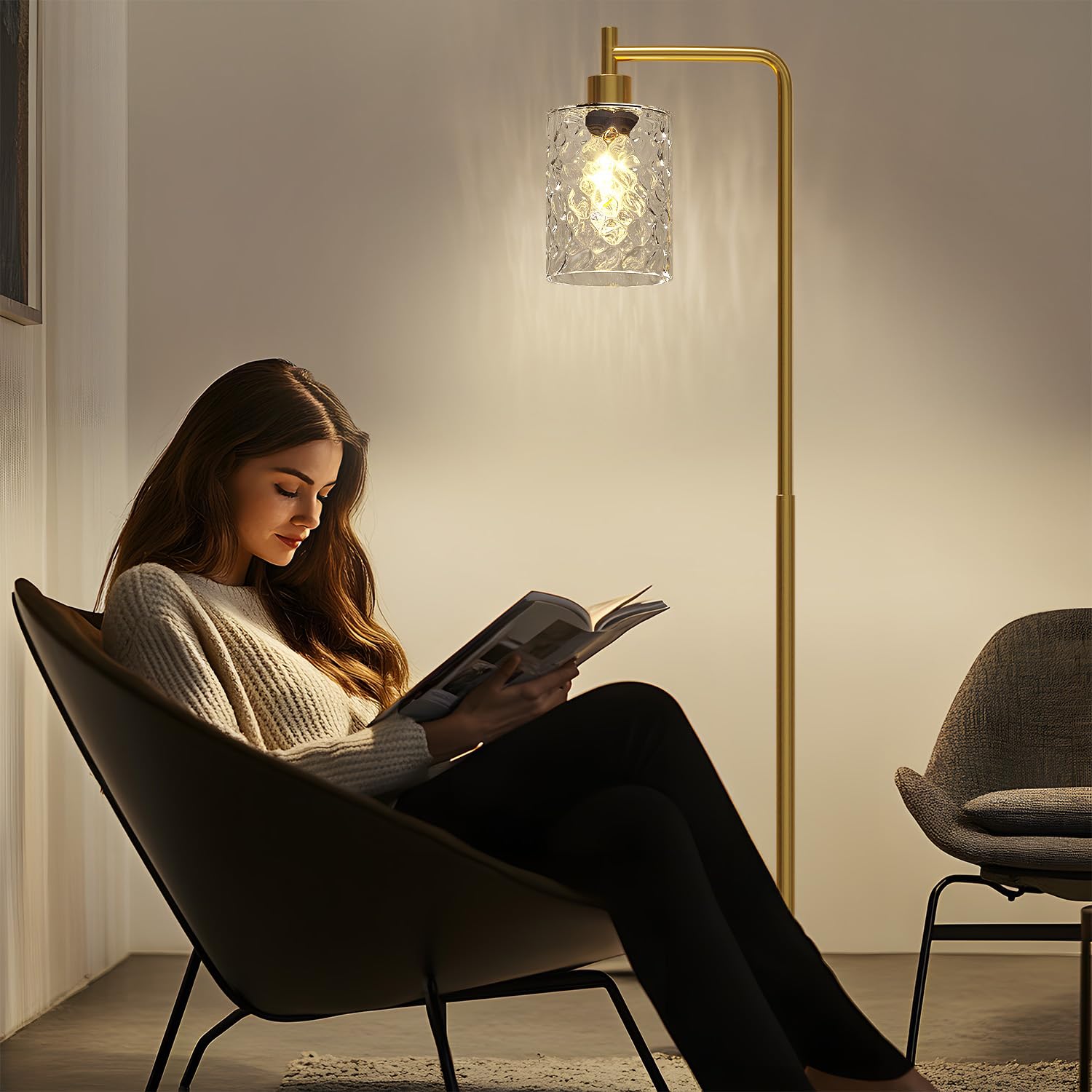 Oneach 66'' Gold Floor Lamp For Living Room, Industrial Floor Lamp With Led Bulb, Glass Shade, Foot Switch, Morden Tall Farmhous