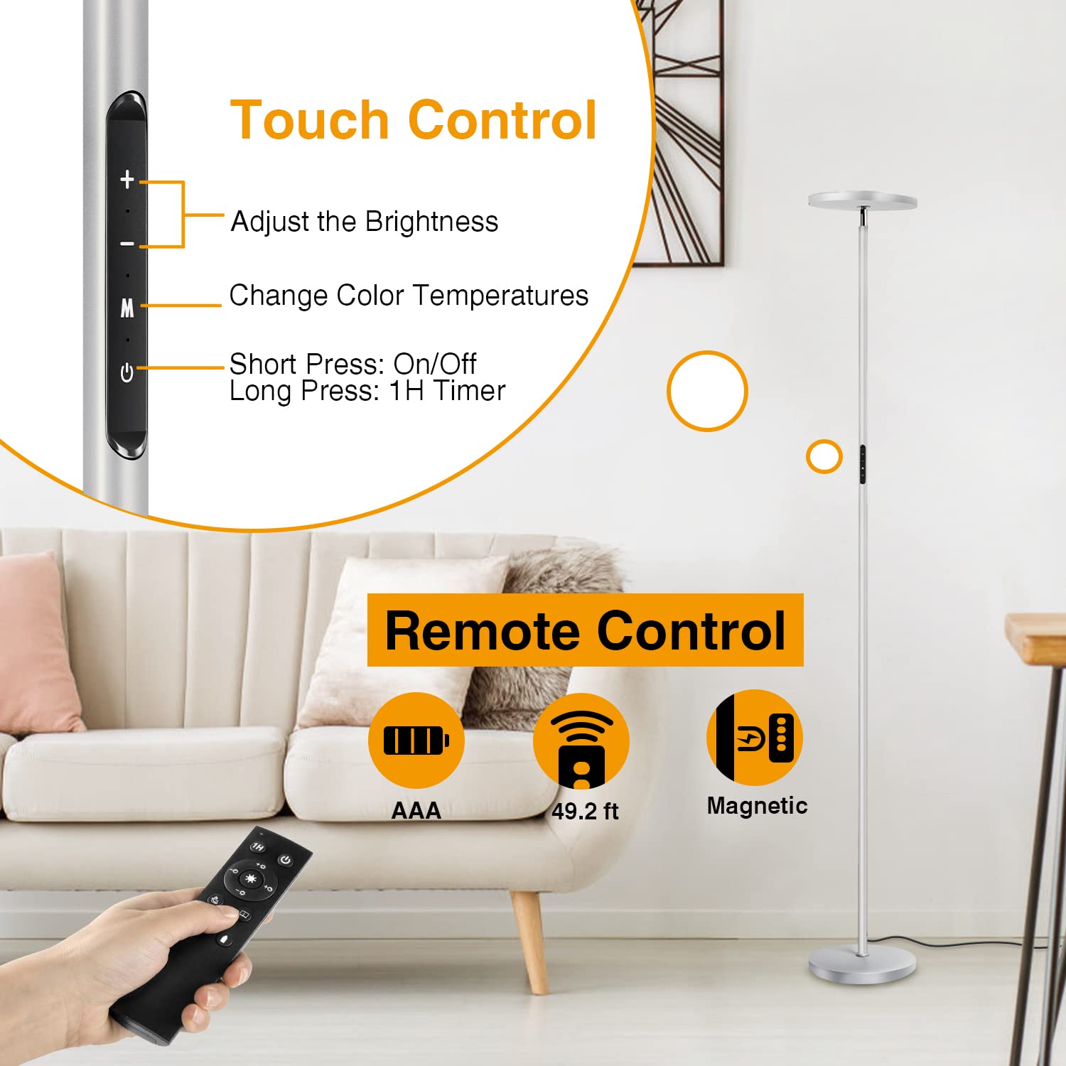 OUTON Modern LED Floor Lamp, 30W/3000LM, Dimmable, 4 Color Temperatures, Remote Control, Silver Grey, Model H10005-SGY-US