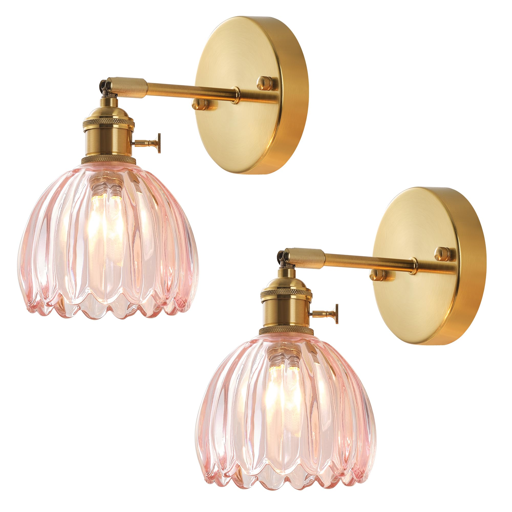 BinoBro Wall Sconce, Vintage Tulip Crystal Glass Shade, Hardwired/Plug-in, Pink, Model WL24555