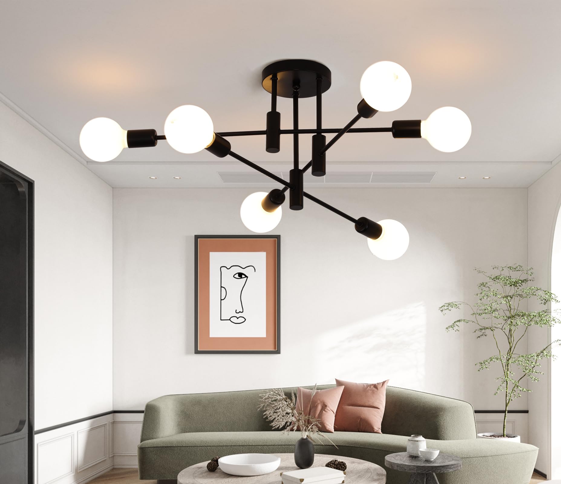 Garwarm Black Sputnik Ceiling Light Fixture, 6-Lights Semi Flush Mount Ceiling Light, Modern Kitchen Chandelier for Dining Room 
