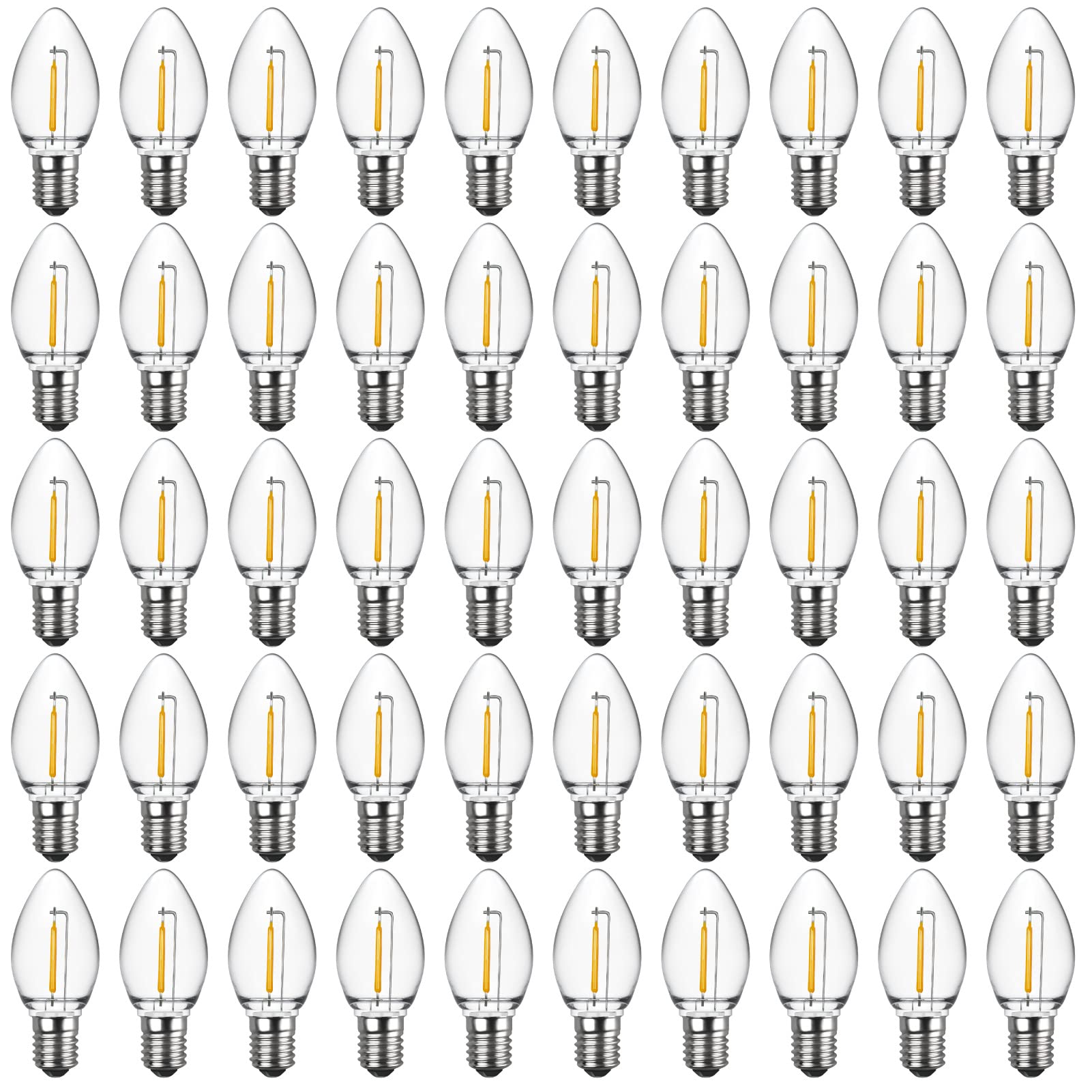 Meconard C7 Led Replacement Christmas Light Bulbs, C7 Shatterproof Led Bulbs for Christmas Outdoor String Lights, E12 Candelabra Base, Commercial Grade Holiday Bulbs, Warm White, 50 Pack
