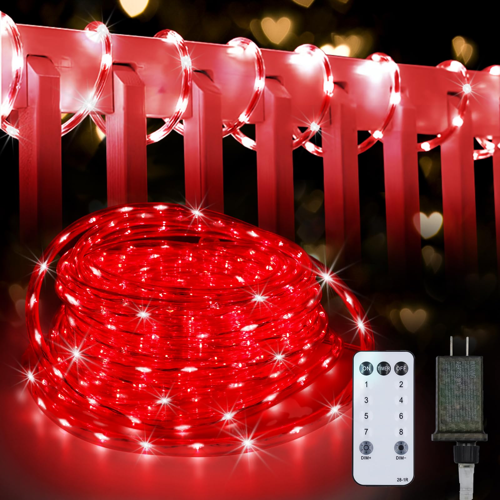 Kenburg Red Rope Lights Outdoor, 50Ft 600 LED Valentine's Day String Light, Waterproof Tube Light Plug in 8 Modes Timer Memory, 