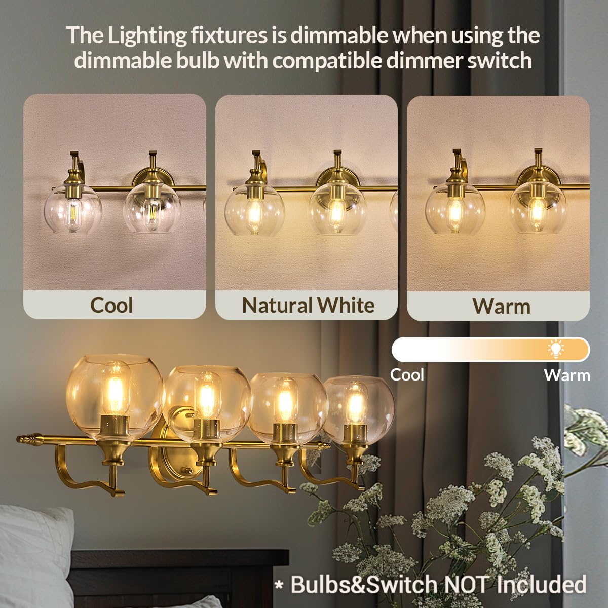 ANDY STAR Brass Vanity Light - 4-Light Gold Bathroom Fixture, Vintage Design with Globe Clear Glass Shade, E26 Base (Bulbs Not Included)
