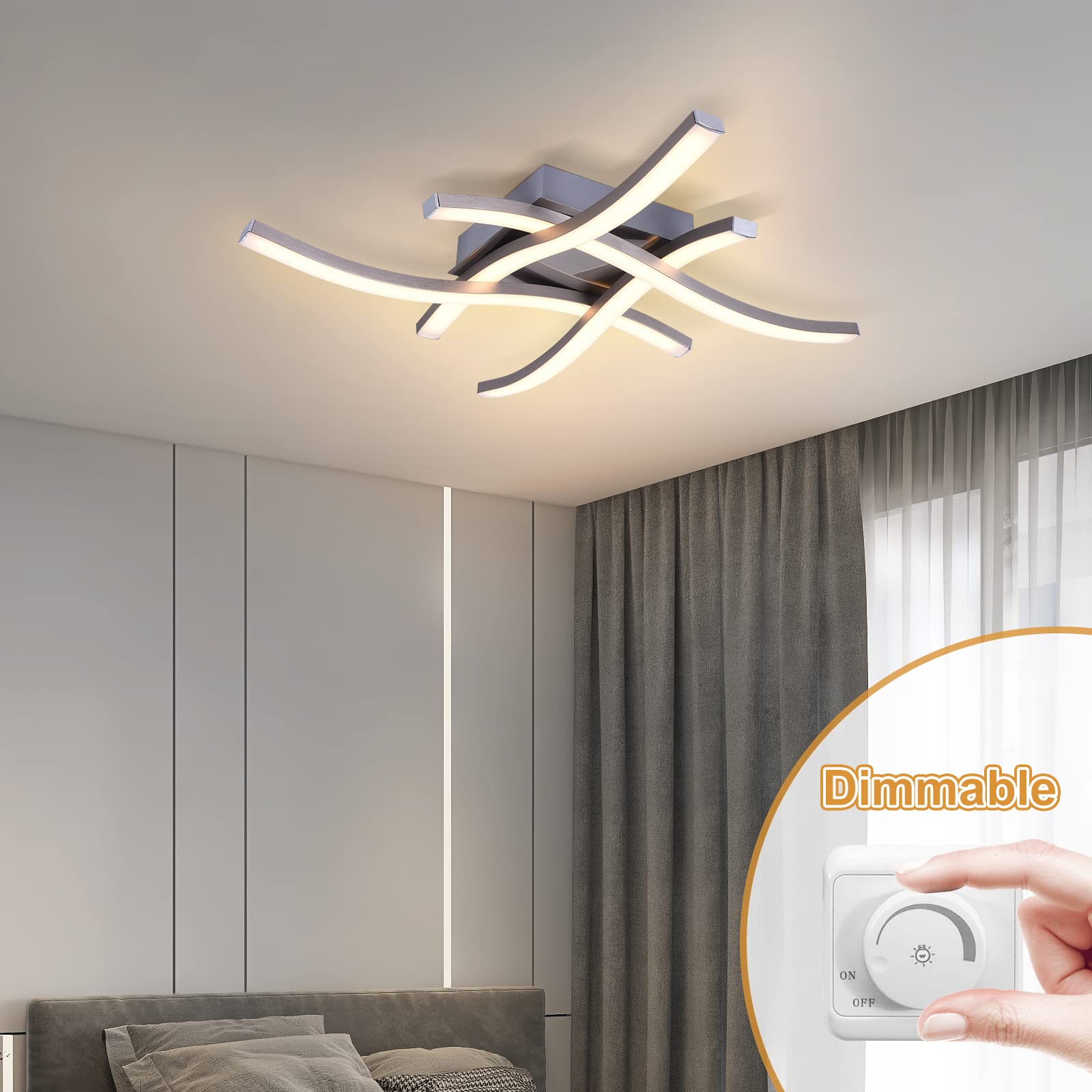 Edislive Modern Dimmable Led Ceiling Light Curved 4-Light 18 In Minimalist Flush Mount Ceiling Light Fixture Lamp For Bedroom Fo