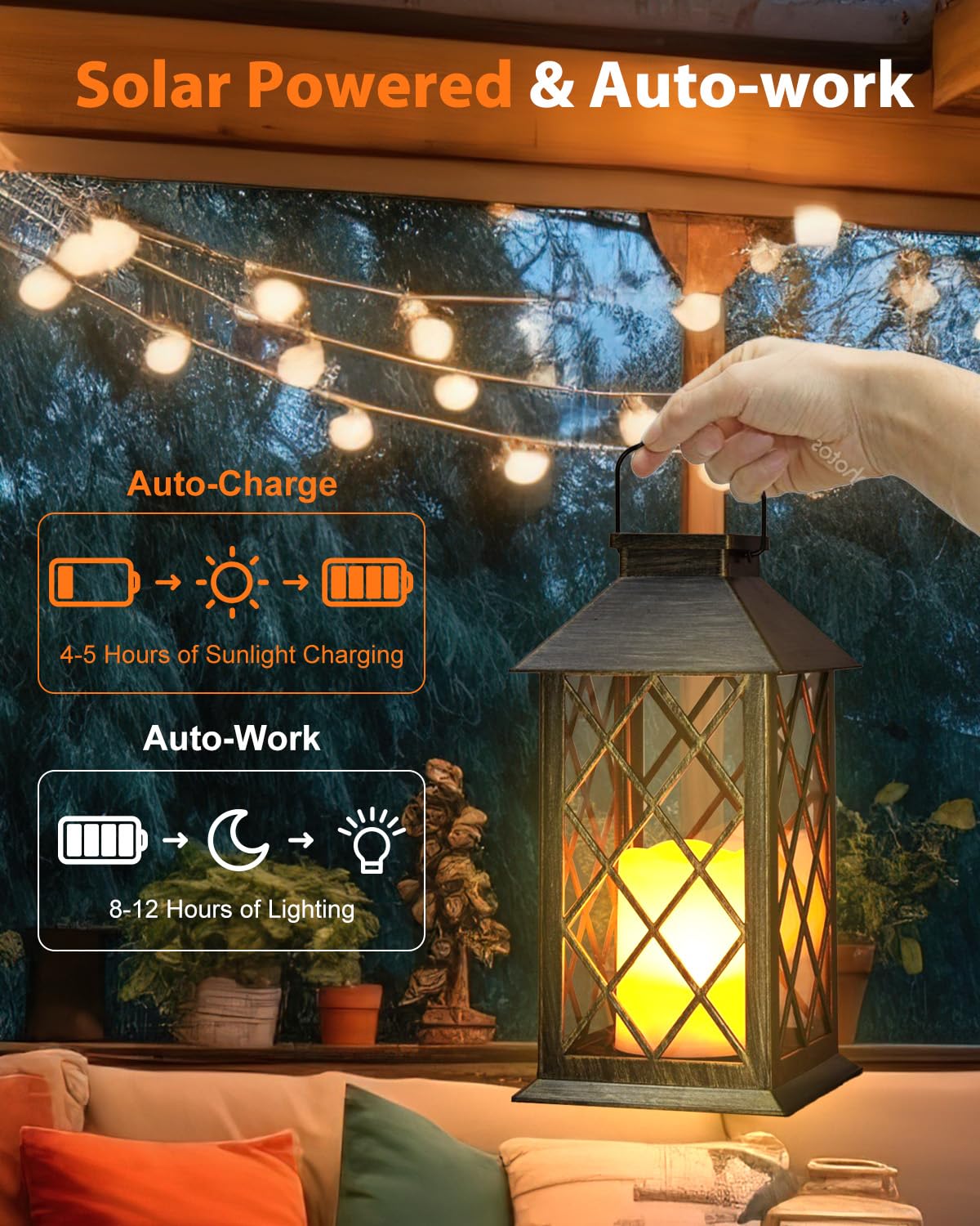 Otdair Solar Lanterns 14" Outdoor Waterproof LED Flickering Candle, 2 Pack, Metal Color, Plastic, Model DWDL-2