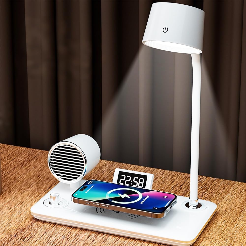 IHAO 3in1 Wireless Charging Eye-Care Desk Lamp 15W Fast Charging Station for Phone  Smartwatch & Earbuds  Touch Control Dimmable LED Light Adjustable Gooseneck  Modern Office Table Lamp-HYT2096 White