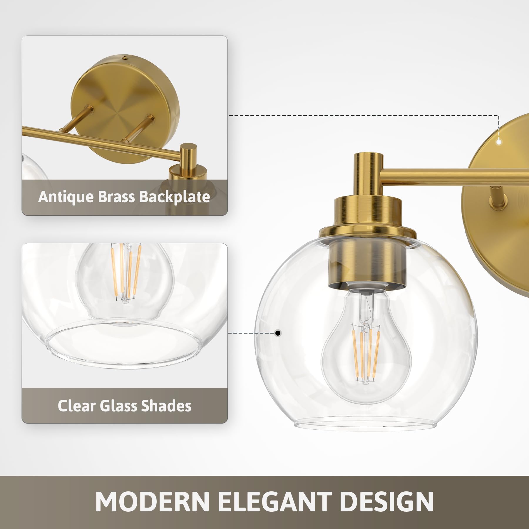 Vonluce Bathroom Light Fixtures - 2-Light Vanity Light With Globe Glass Shades, Gold Finish, Suitable For Bedroom, Hallway, Livi